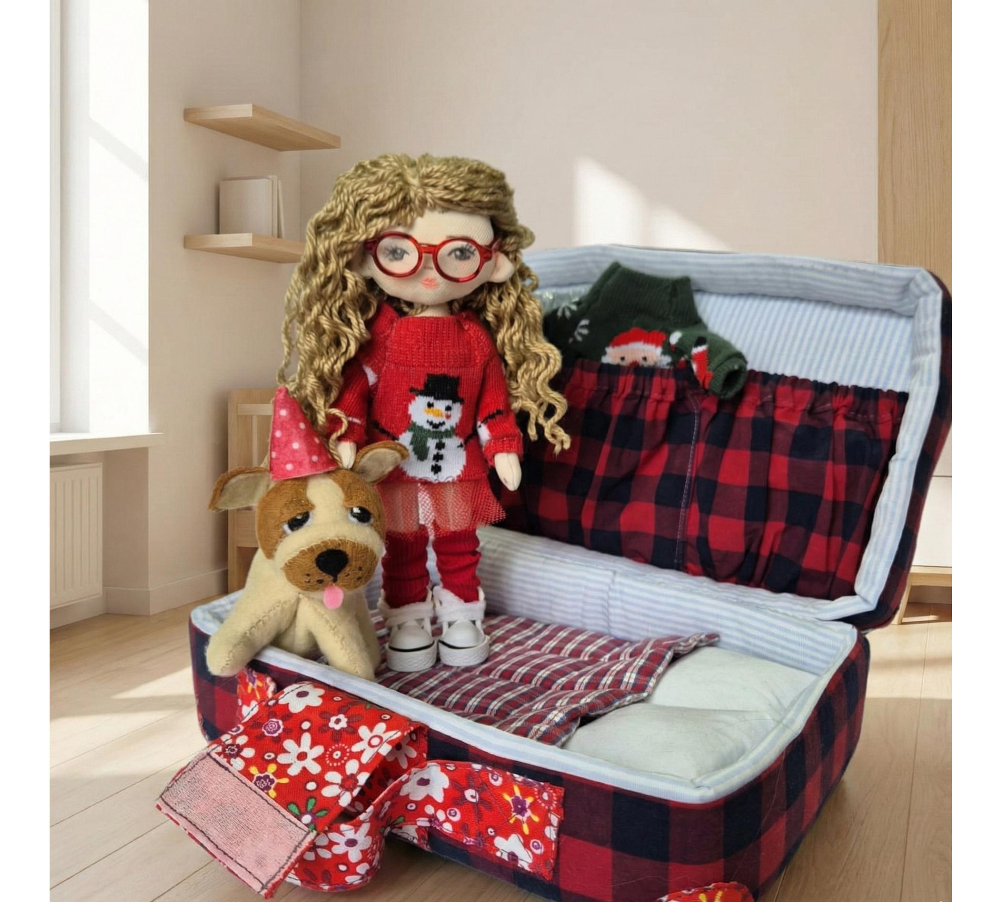 Travel Dollhouse Sewing Pattern PDF – Soft Case with Doll, Outfits and Dog