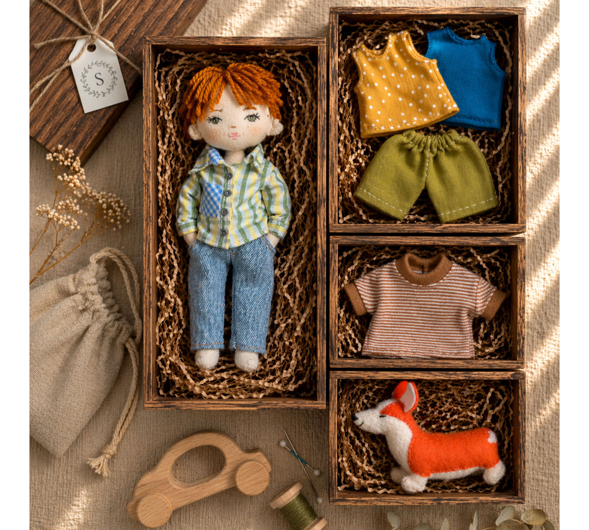 Cloth Doll Sewing Pattern PDF – Boy & Girl with Clothes, Corgi and Cat