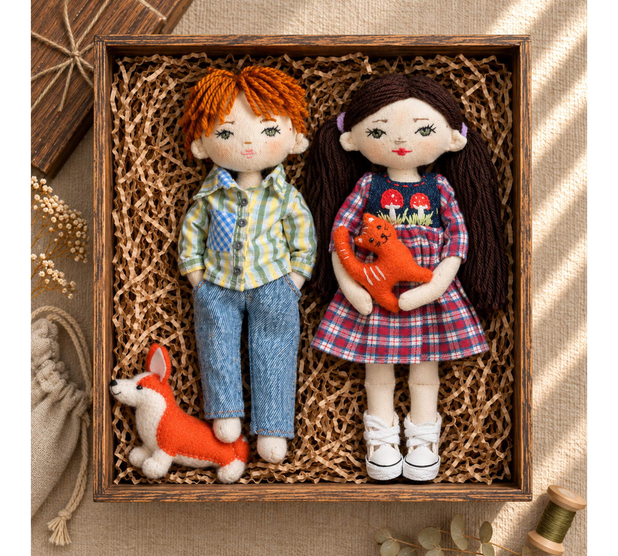 Cloth Doll Sewing Pattern PDF – Boy & Girl with Clothes, Corgi and Cat
