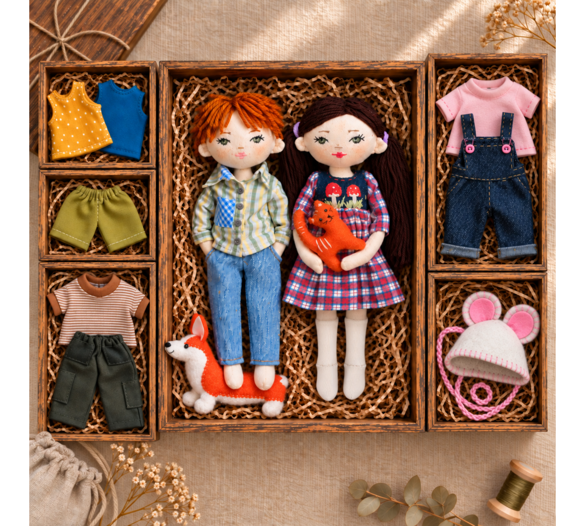 Cloth Doll Sewing Pattern PDF – Boy & Girl with Clothes, Corgi and Cat Cloth Doll Sewing Pattern PDF – Boy & Girl with Clothes, Corgi and Cat