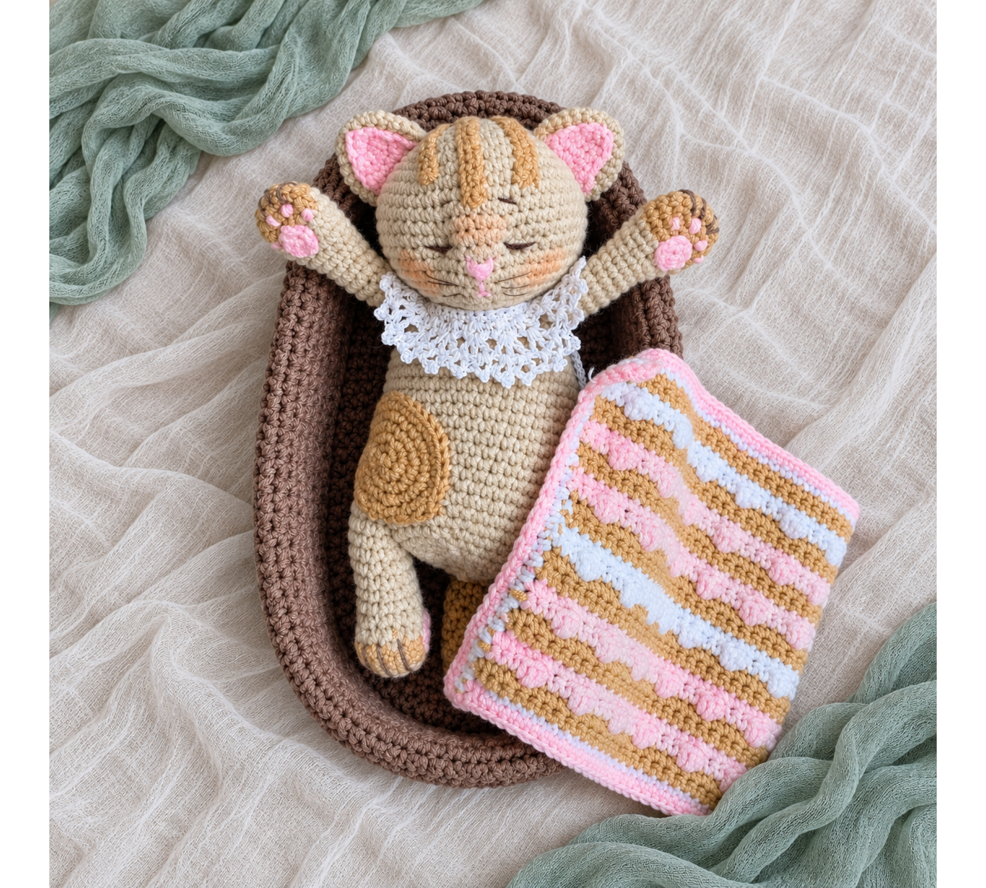 Crochet Amigurumi Cat Pattern PDF – Sleepy Kitten with Basket and Blanket
