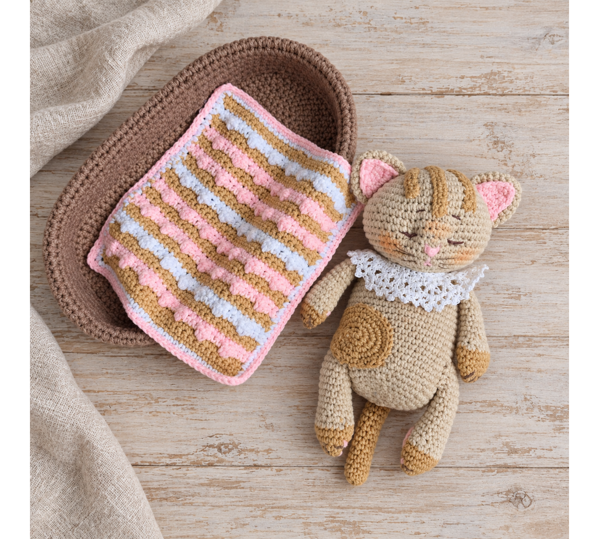 Crochet Amigurumi Cat Pattern PDF – Sleepy Kitten with Basket and Blanket