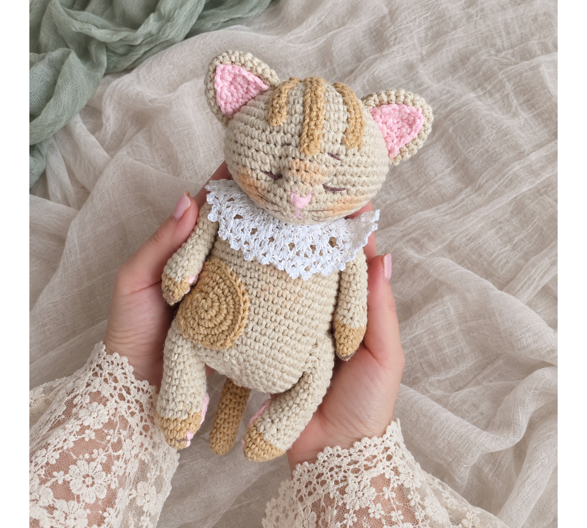 Crochet Amigurumi Cat Pattern PDF – Sleepy Kitten with Basket and Blanket