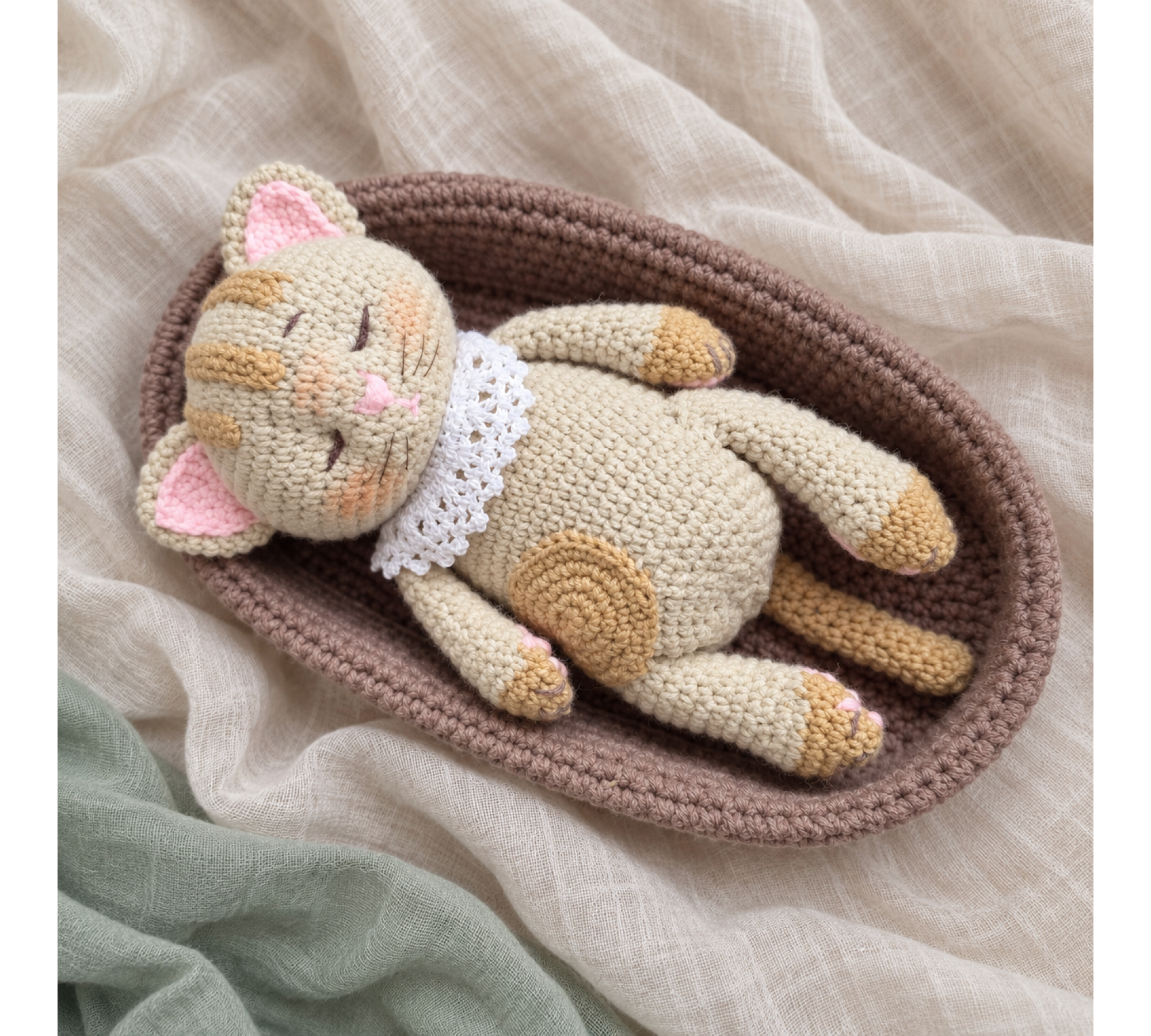 Crochet Amigurumi Cat Pattern PDF – Sleepy Kitten with Basket and Blanket