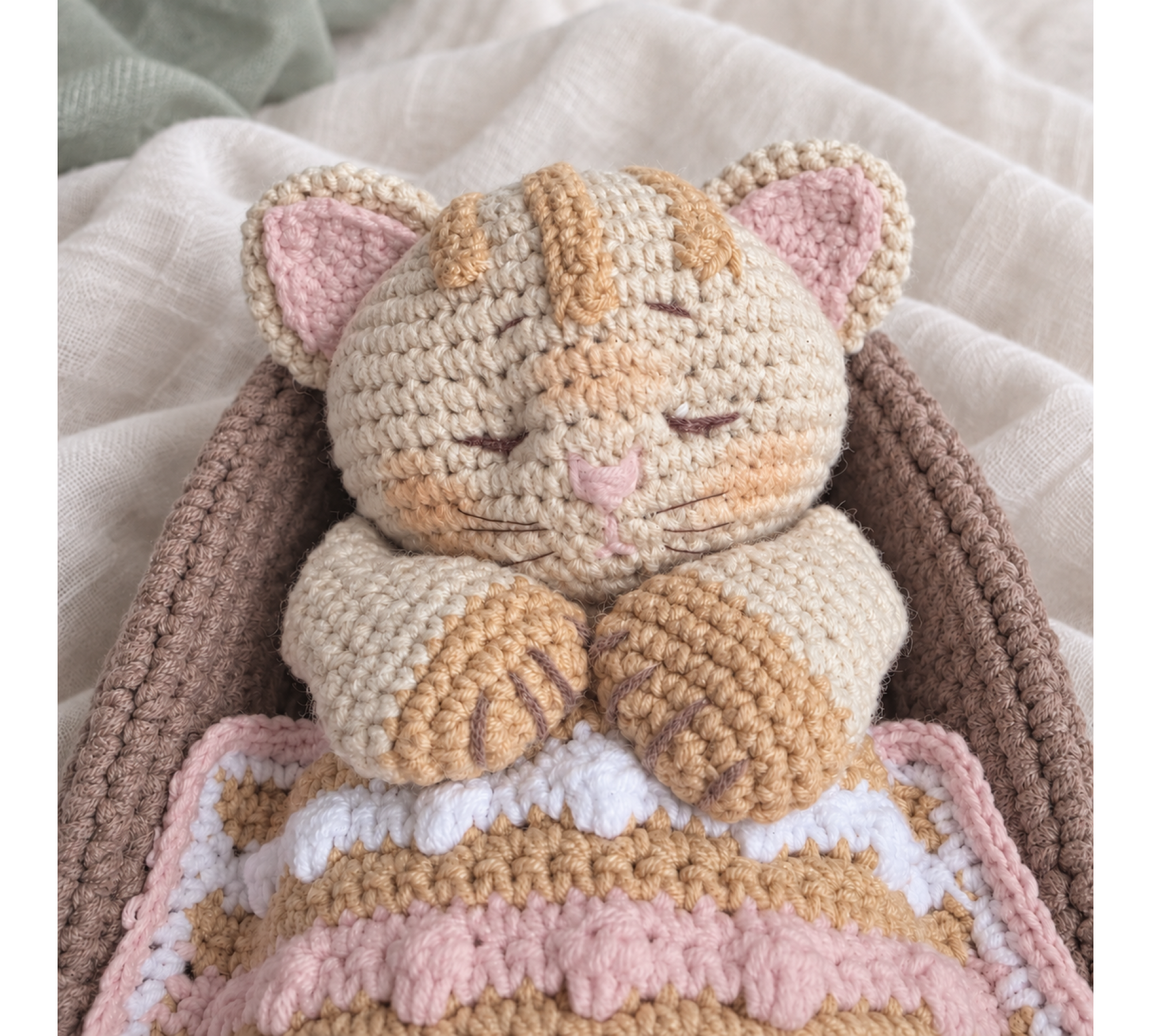 Crochet Amigurumi Cat Pattern PDF – Sleepy Kitten with Basket and Blanket
