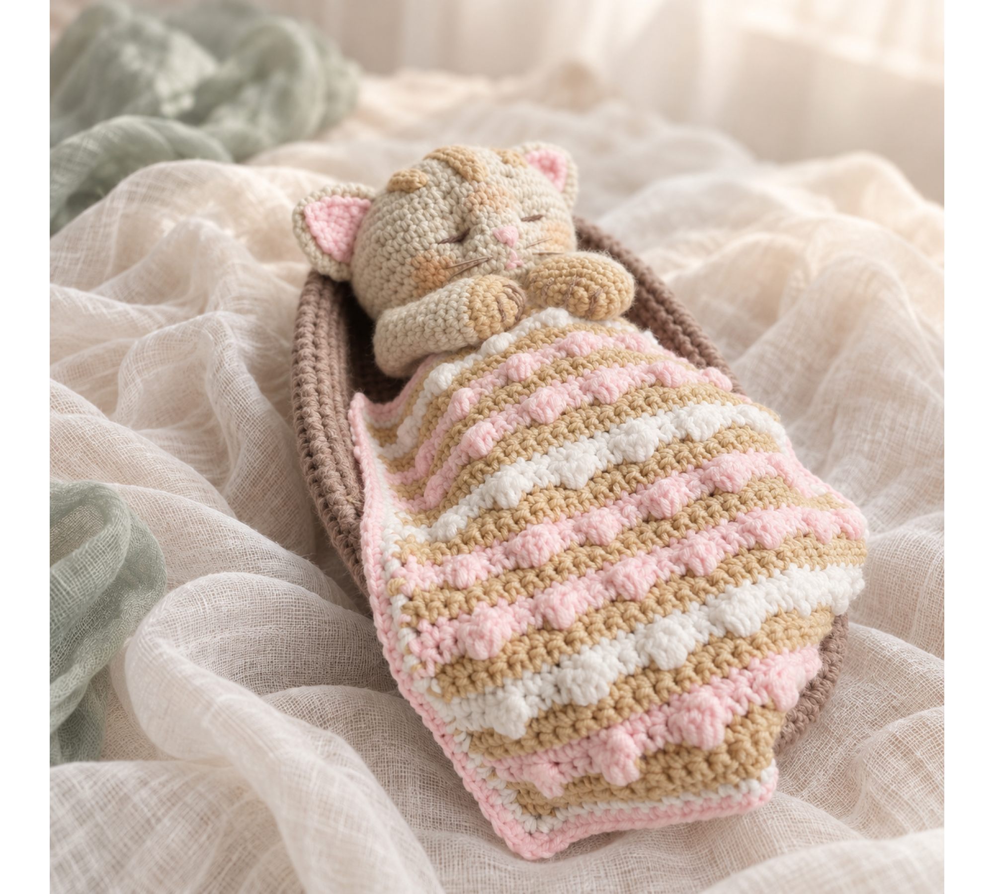 Crochet Amigurumi Cat Pattern PDF – Sleepy Kitten with Basket and Blanket