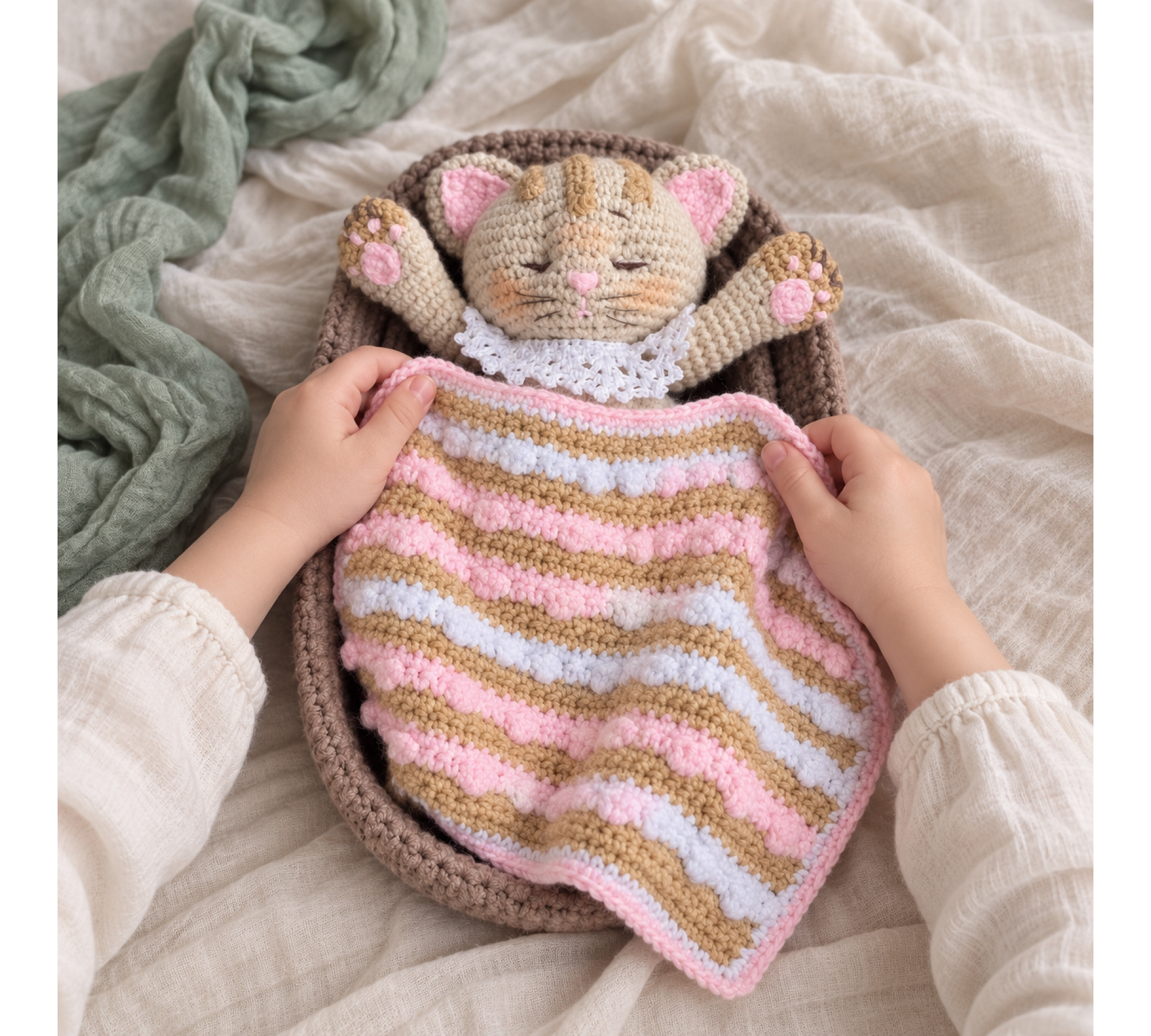 Crochet Amigurumi Cat Pattern PDF – Sleepy Kitten with Basket and Blanket