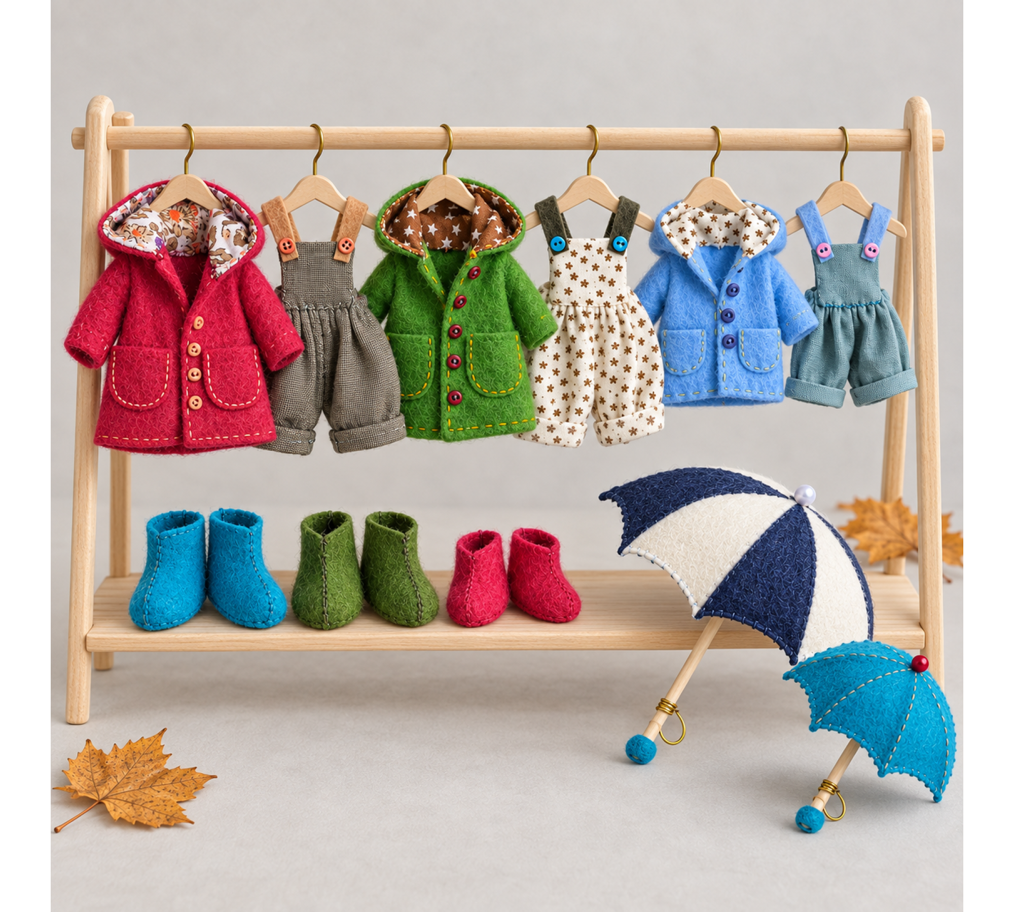 Doll Clothes Sewing Pattern PDF – Autumn Raincoat, Overalls, Boots & Umbrella Doll Clothes Sewing Pattern PDF – Autumn Raincoat, Overalls, Boots & Umbrella