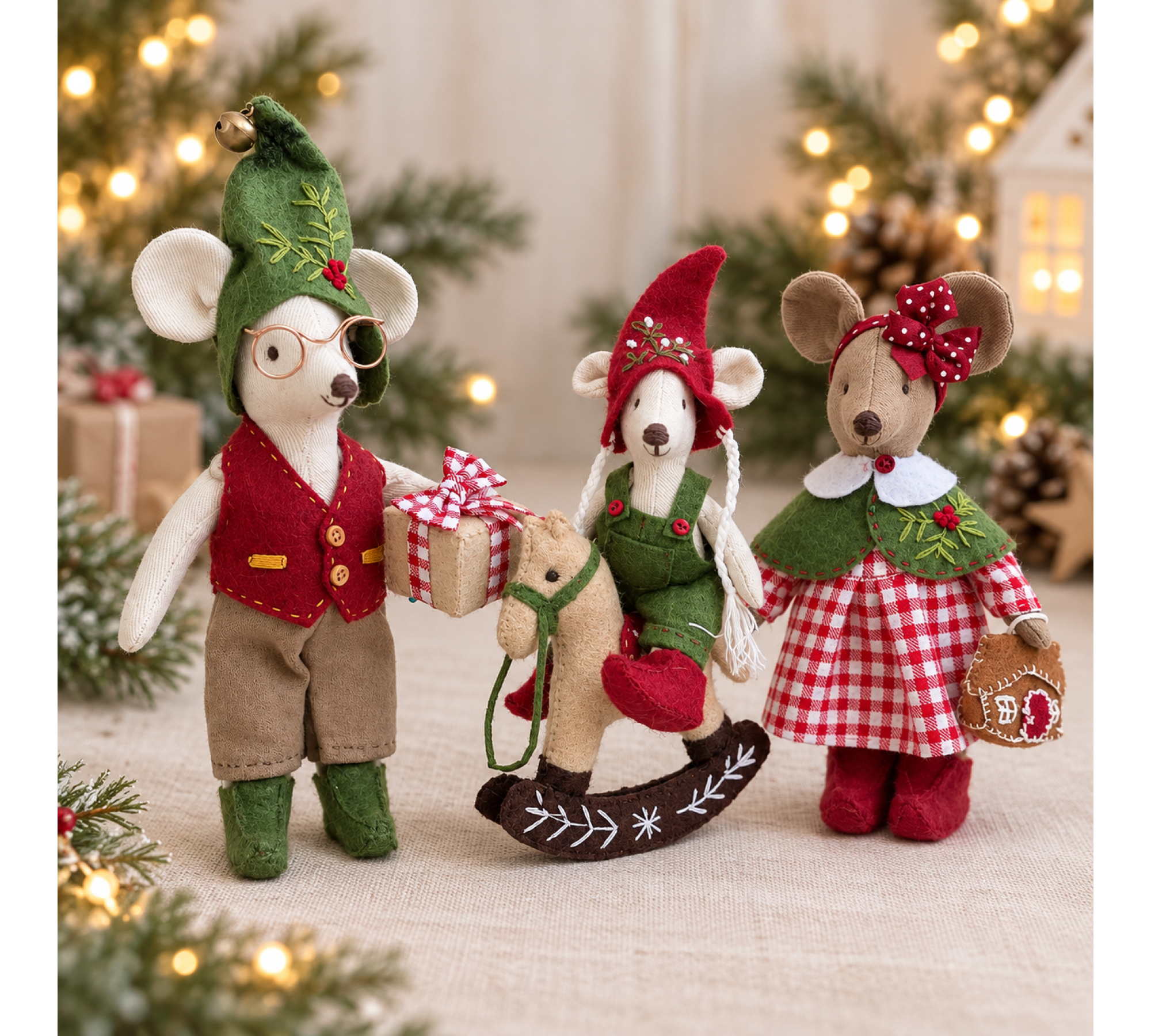 Christmas Mouse Family Sewing Pattern PDF – Retro Outfits & Felt Rocking Horse