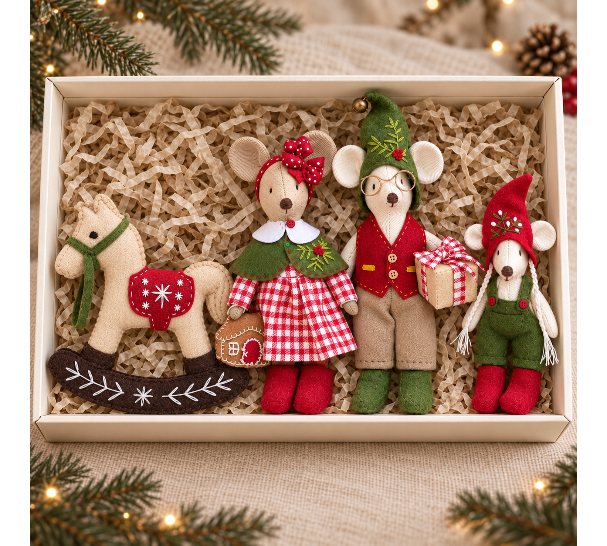 Christmas Mouse Family Sewing Pattern PDF – Retro Outfits & Felt Rocking Horse