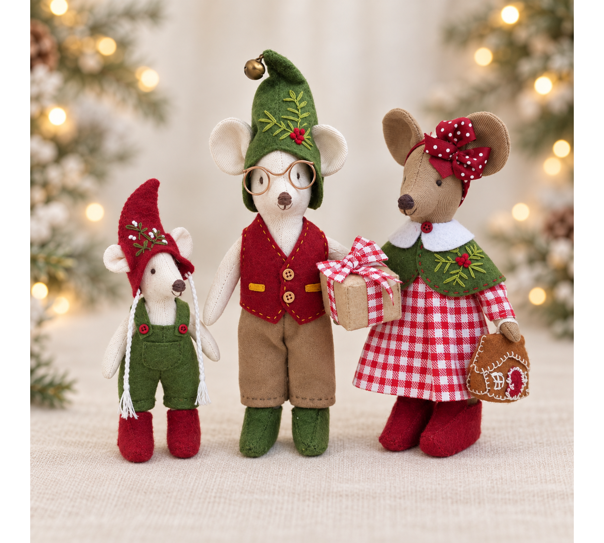 Christmas Mouse Family Sewing Pattern PDF – Retro Outfits & Felt Rocking Horse