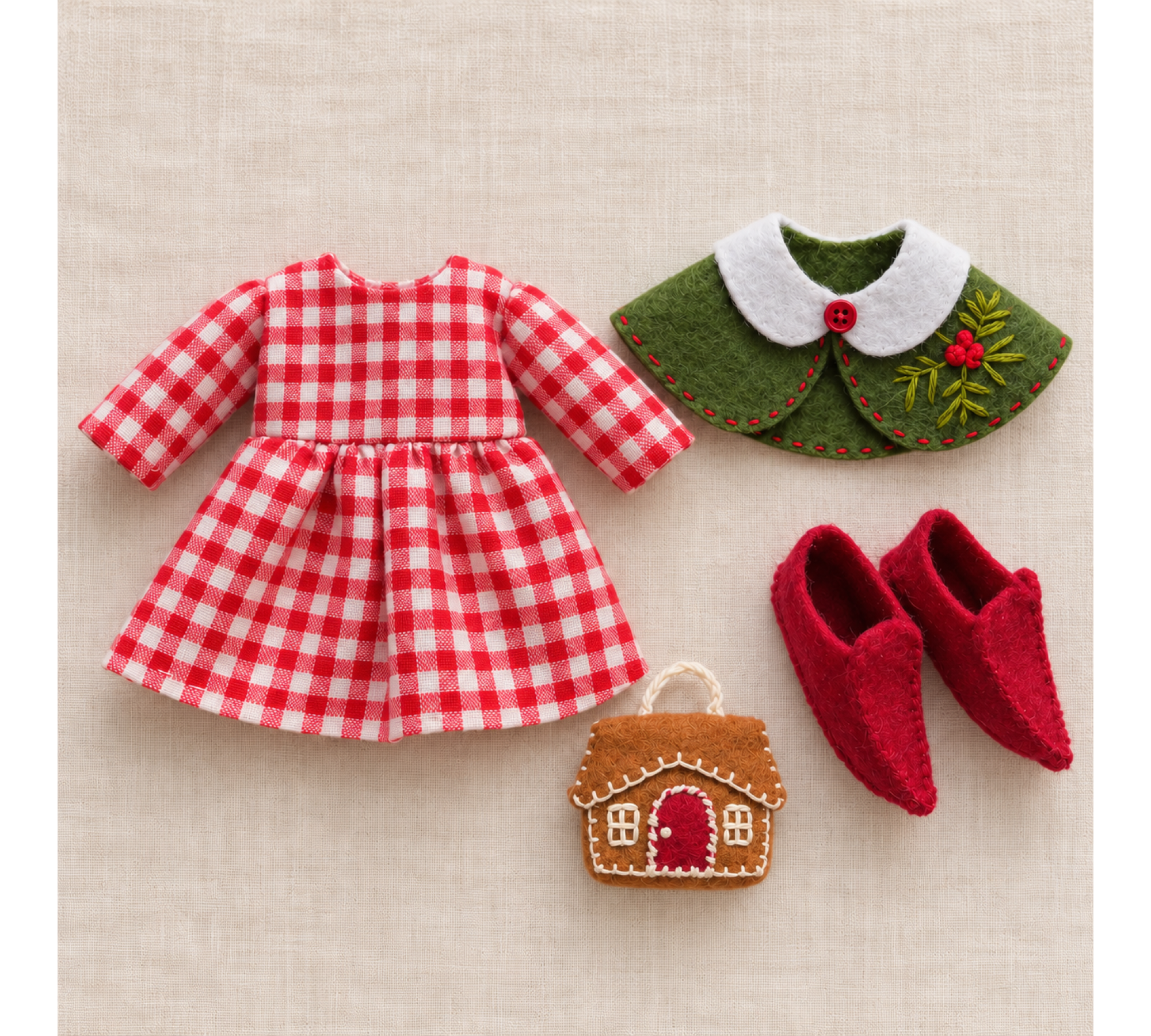 Christmas Doll Clothes Sewing Pattern PDF – 3 Retro Elf Outfits & Felt Rocking Horse