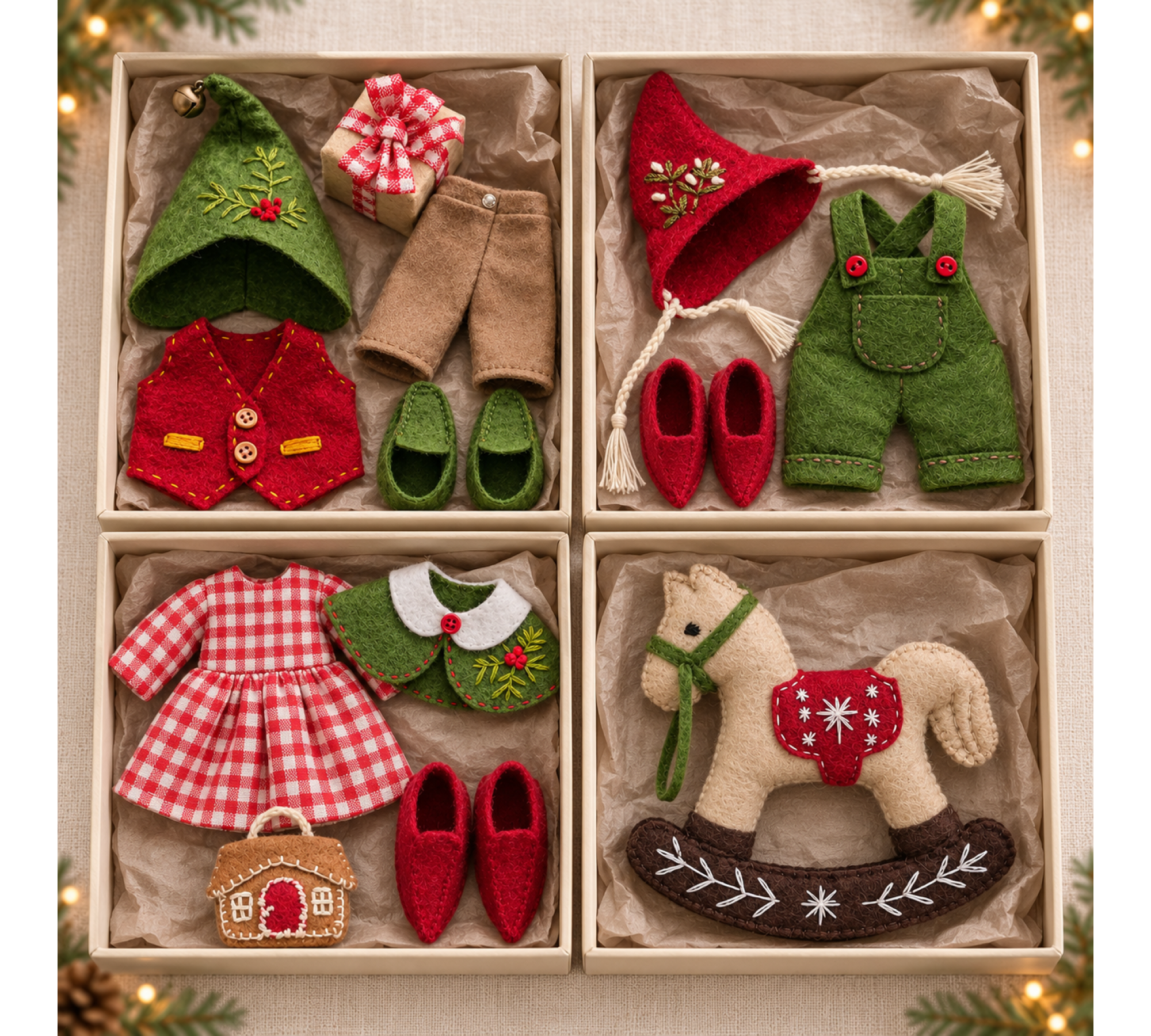 Christmas Doll Clothes Sewing Pattern PDF – 3 Retro Elf Outfits & Felt Rocking Horse Christmas Doll Clothes Sewing Pattern PDF – 3 Retro Elf Outfits & Felt Rocking Horse
