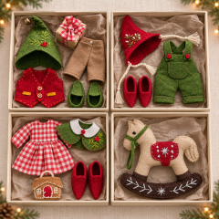 Christmas Doll Clothes Sewing Pattern PDF – 3 Retro Elf Outfits & Felt Rocking Horse Christmas Doll Clothes Sewing Pattern PDF – 3 Retro Elf Outfits & Felt Rocking Horse