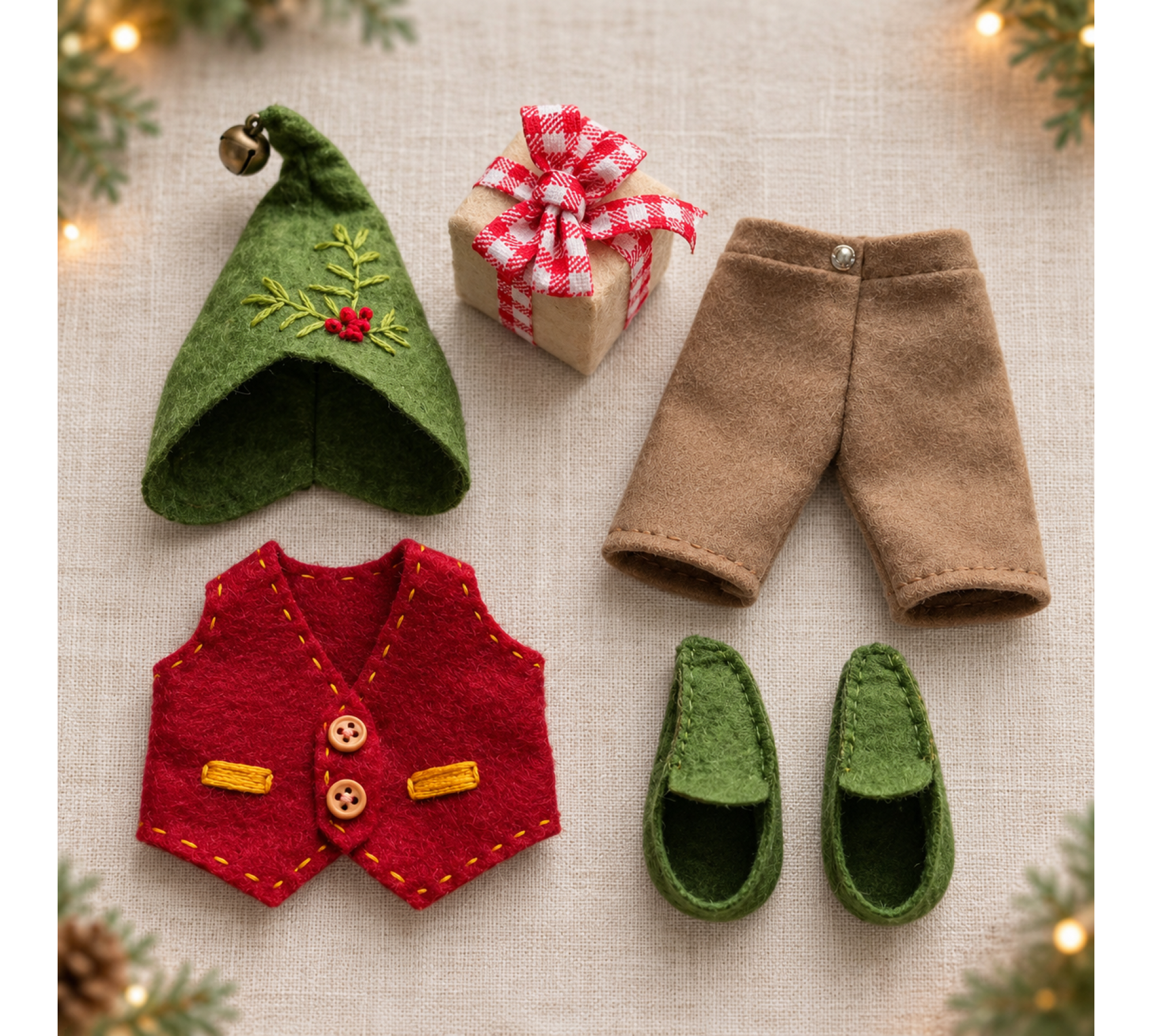 Christmas Doll Clothes Sewing Pattern PDF – 3 Retro Elf Outfits & Felt Rocking Horse