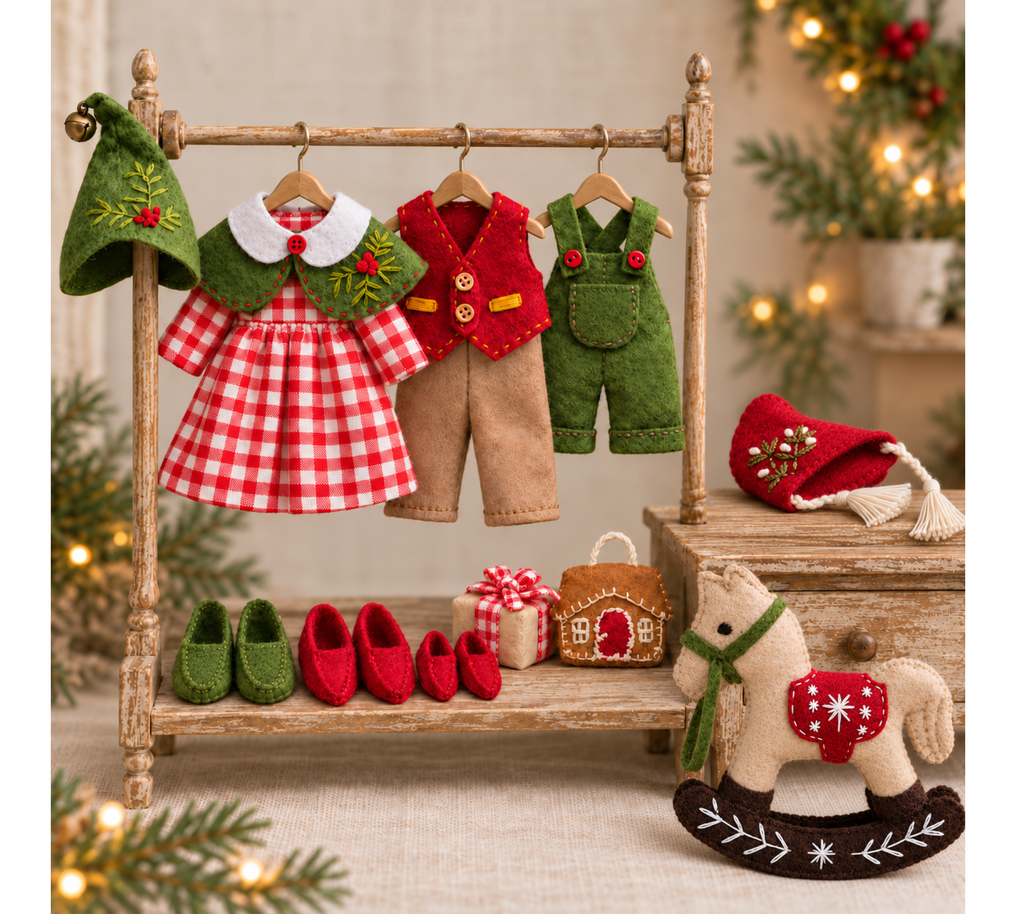 Christmas Doll Clothes Sewing Pattern PDF – 3 Retro Elf Outfits & Felt Rocking Horse