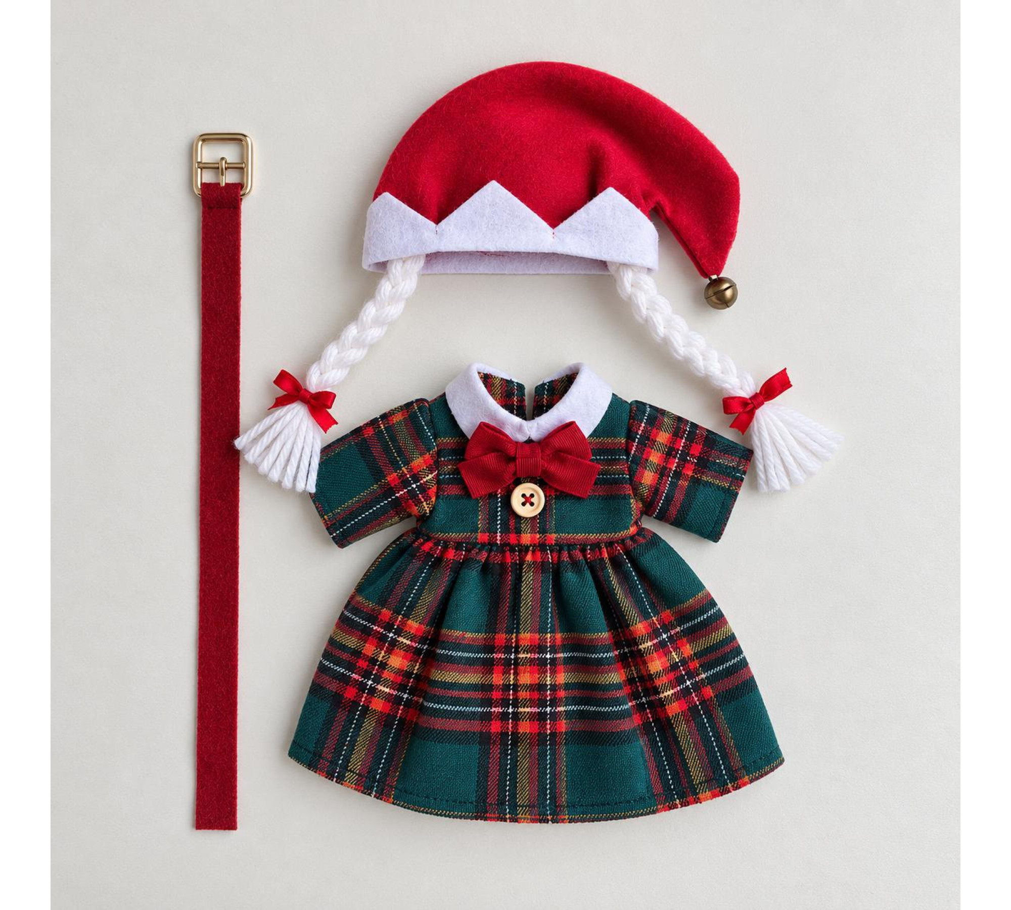 Christmas Girl Elf Outfit Sewing Pattern PDF – Plaid Dress, Belt & Braided Hat