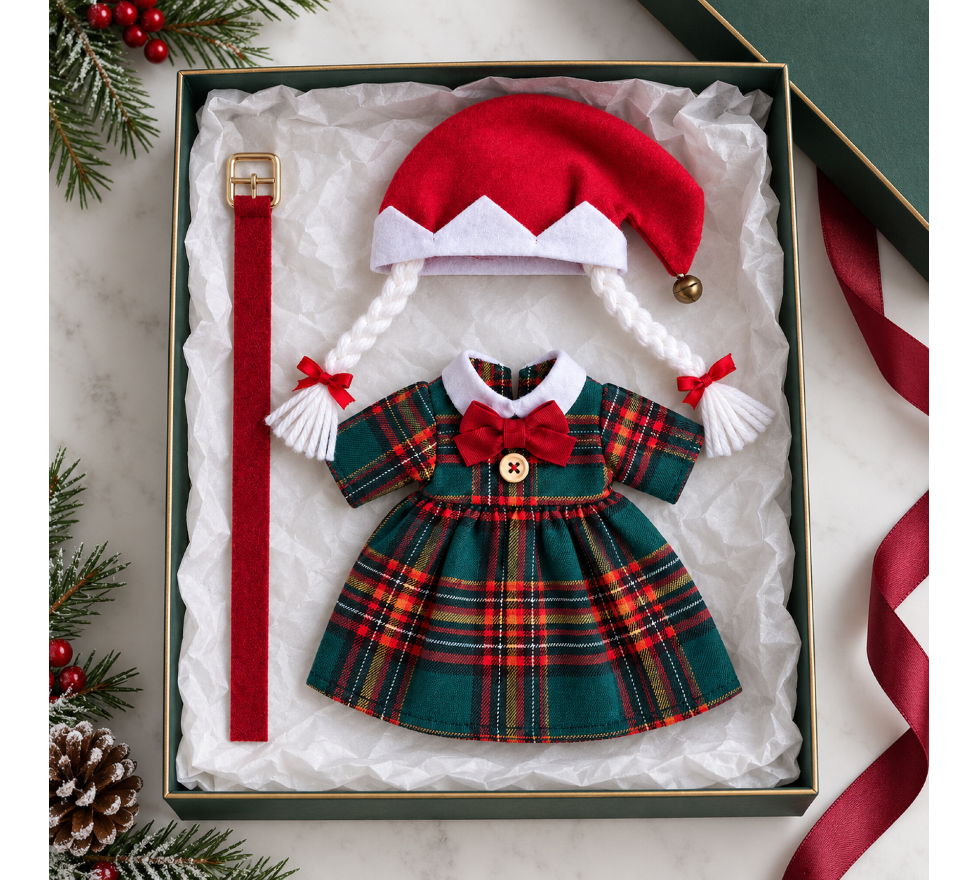 Christmas Girl Elf Outfit Sewing Pattern PDF – Plaid Dress, Belt & Braided Hat