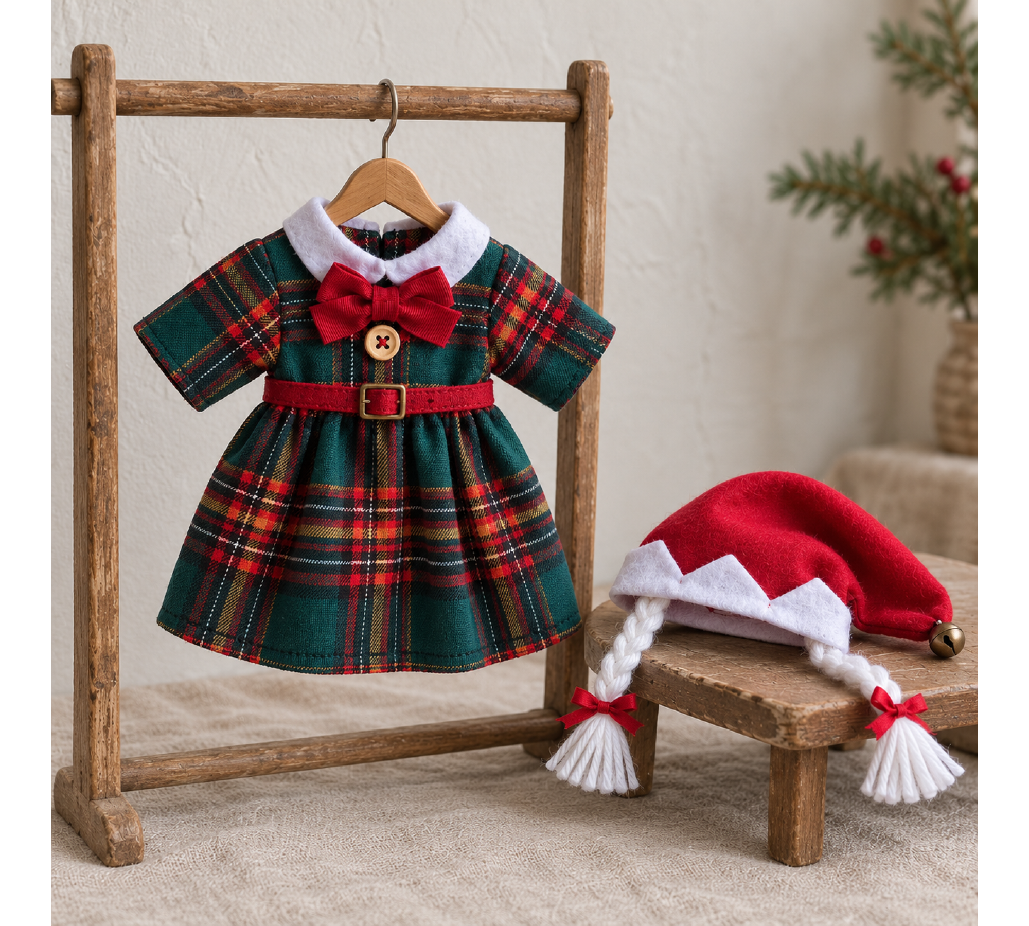 Christmas Girl Elf Outfit Sewing Pattern PDF – Plaid Dress, Belt & Braided Hat