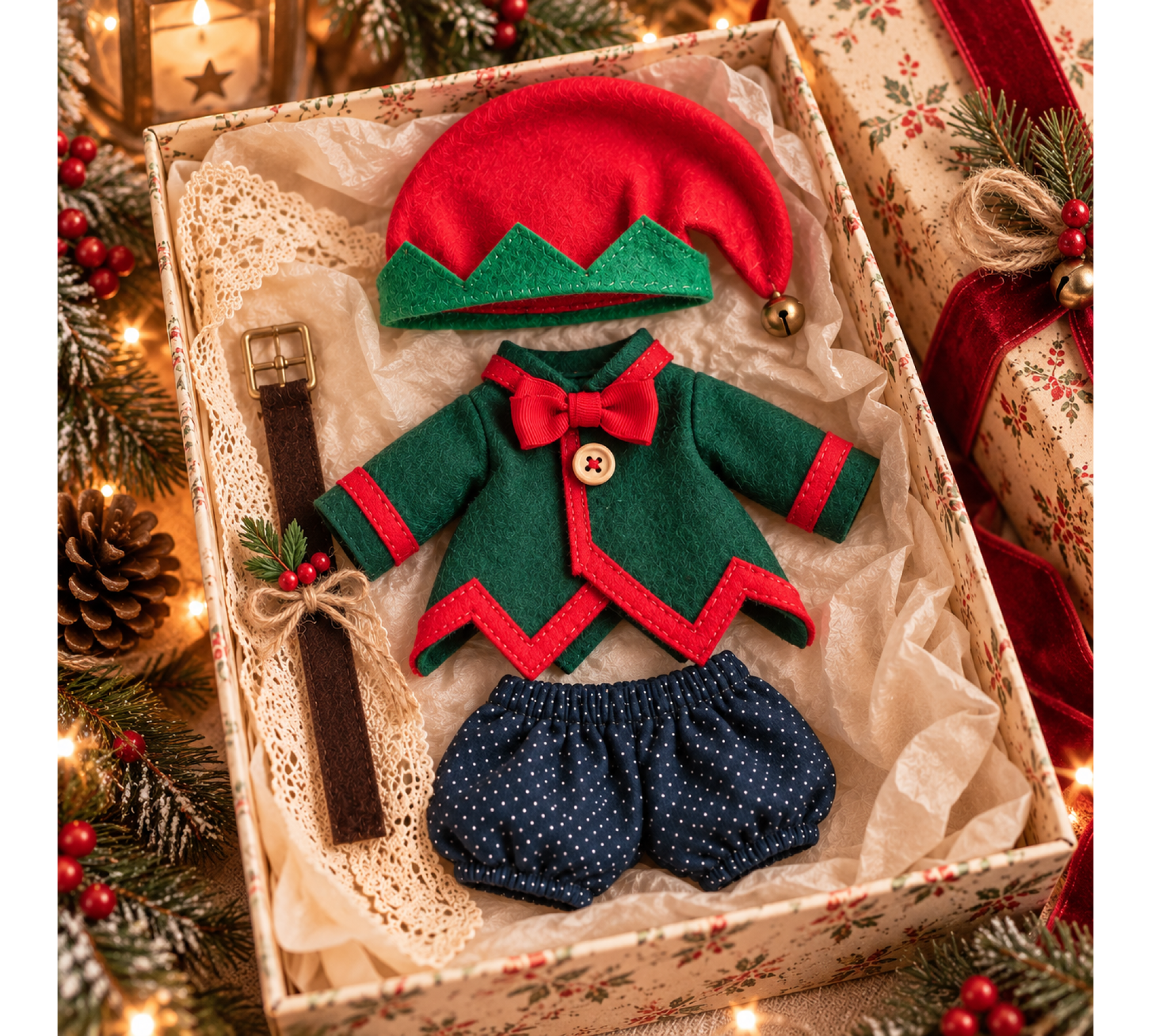Christmas Elf Outfit Sewing Pattern PDF – Jacket, Shorts, Hat & Belt for 10–11 Inch Dolls