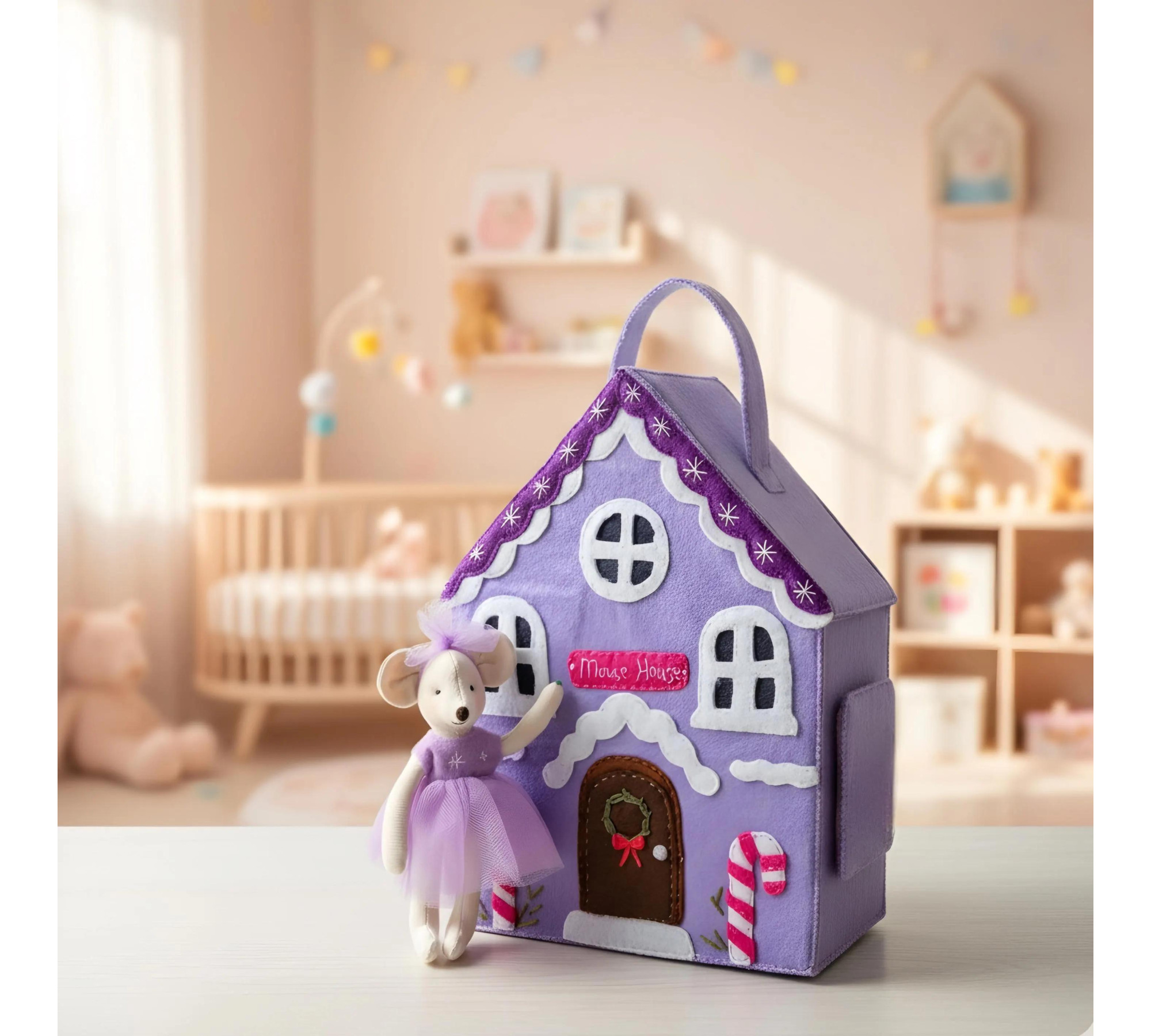Felt Christmas Dollhouse Sewing Pattern PDF – Mouse House with Furniture