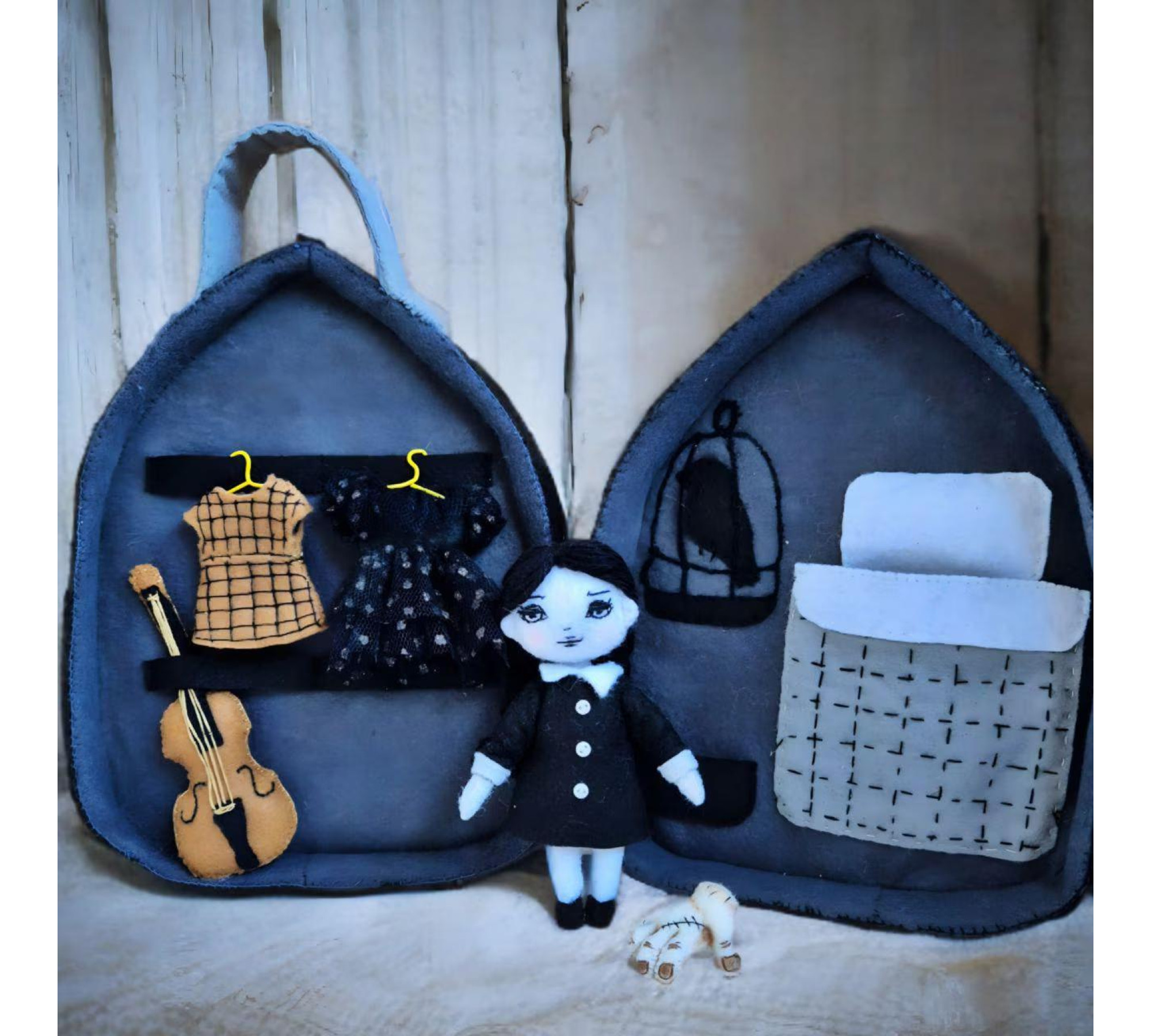 Gothic Dollhouse Sewing Pattern PDF – Wednesday Inspired Doll and Bag
