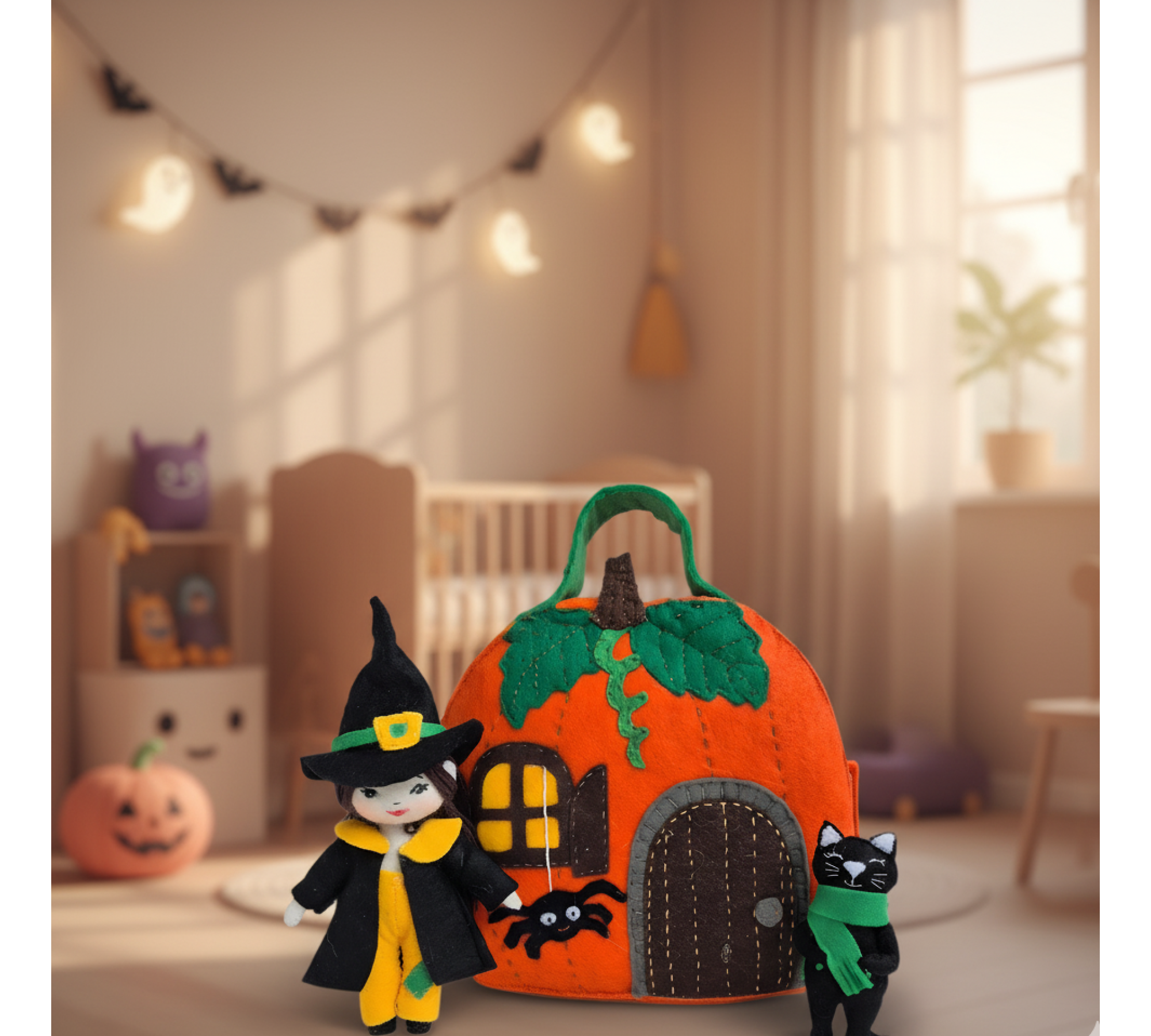 Witch Dollhouse Sewing Pattern PDF – Pumpkin House with Doll and Cat