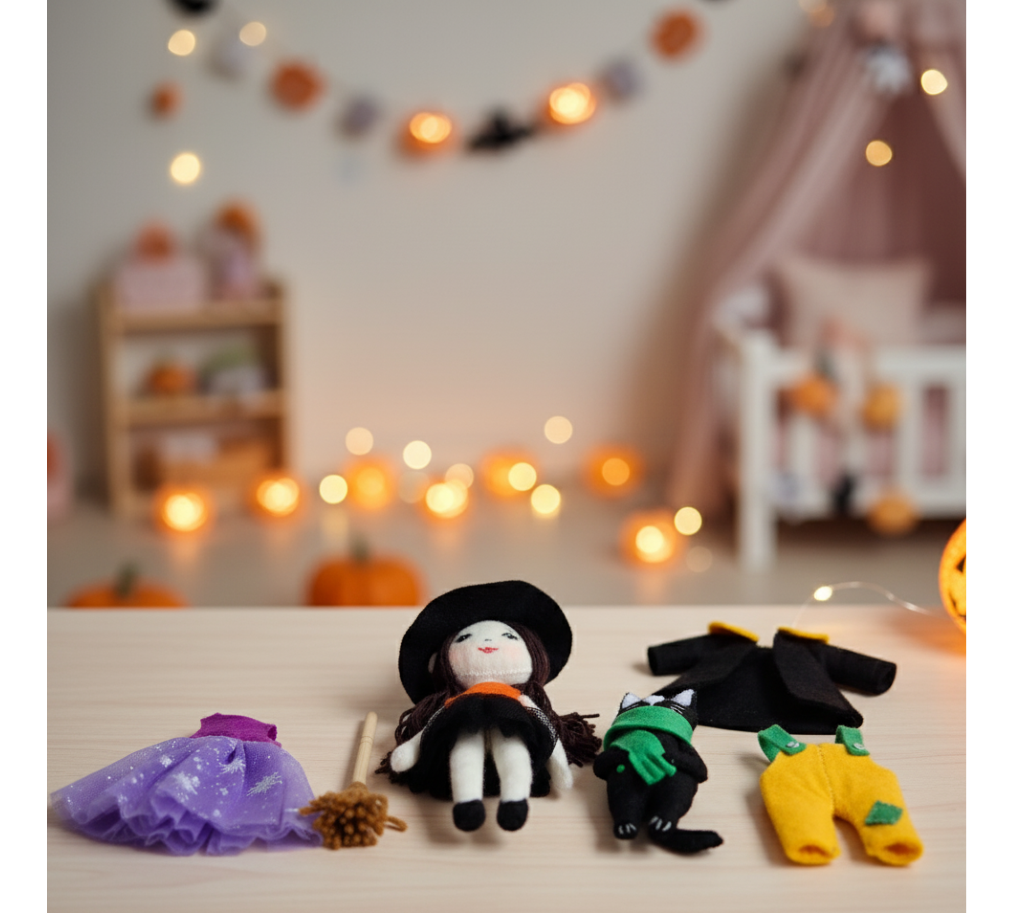 Witch Dollhouse Sewing Pattern PDF – Pumpkin House with Doll and Cat