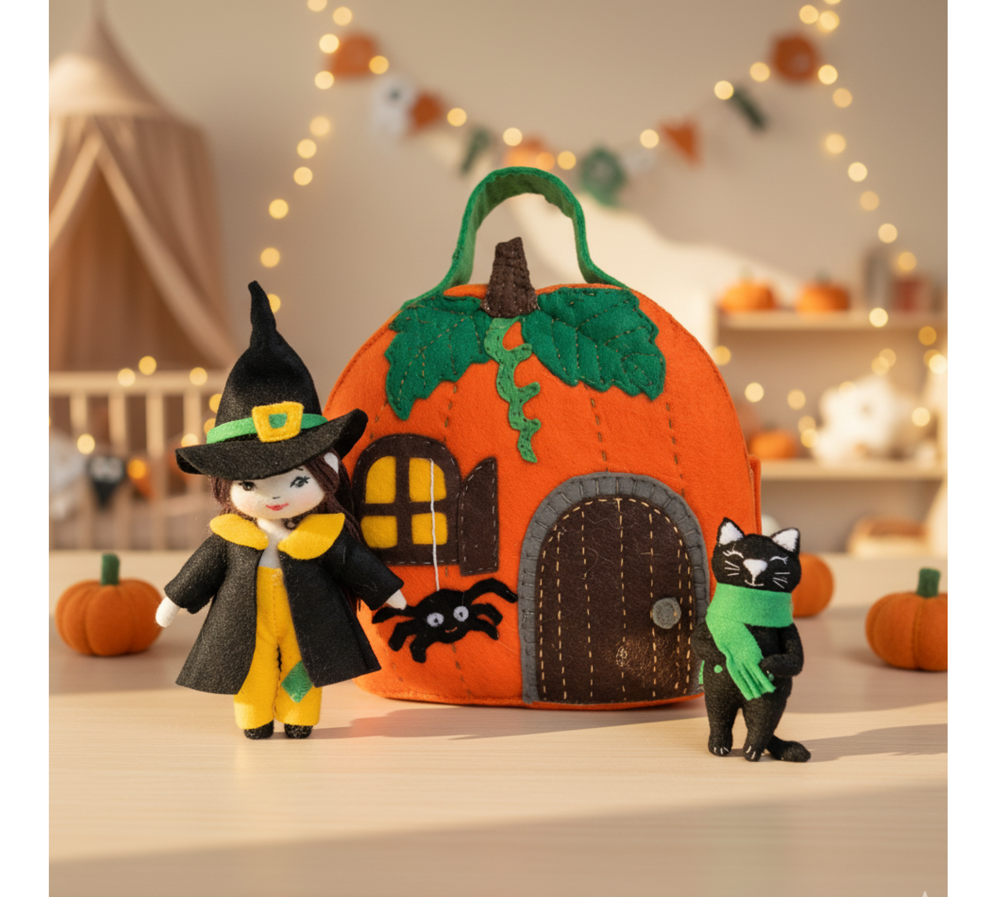 Witch Dollhouse Sewing Pattern PDF – Pumpkin House with Doll and Cat