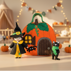 Witch Dollhouse Sewing Pattern PDF – Pumpkin House with Doll and Cat Halloween Set