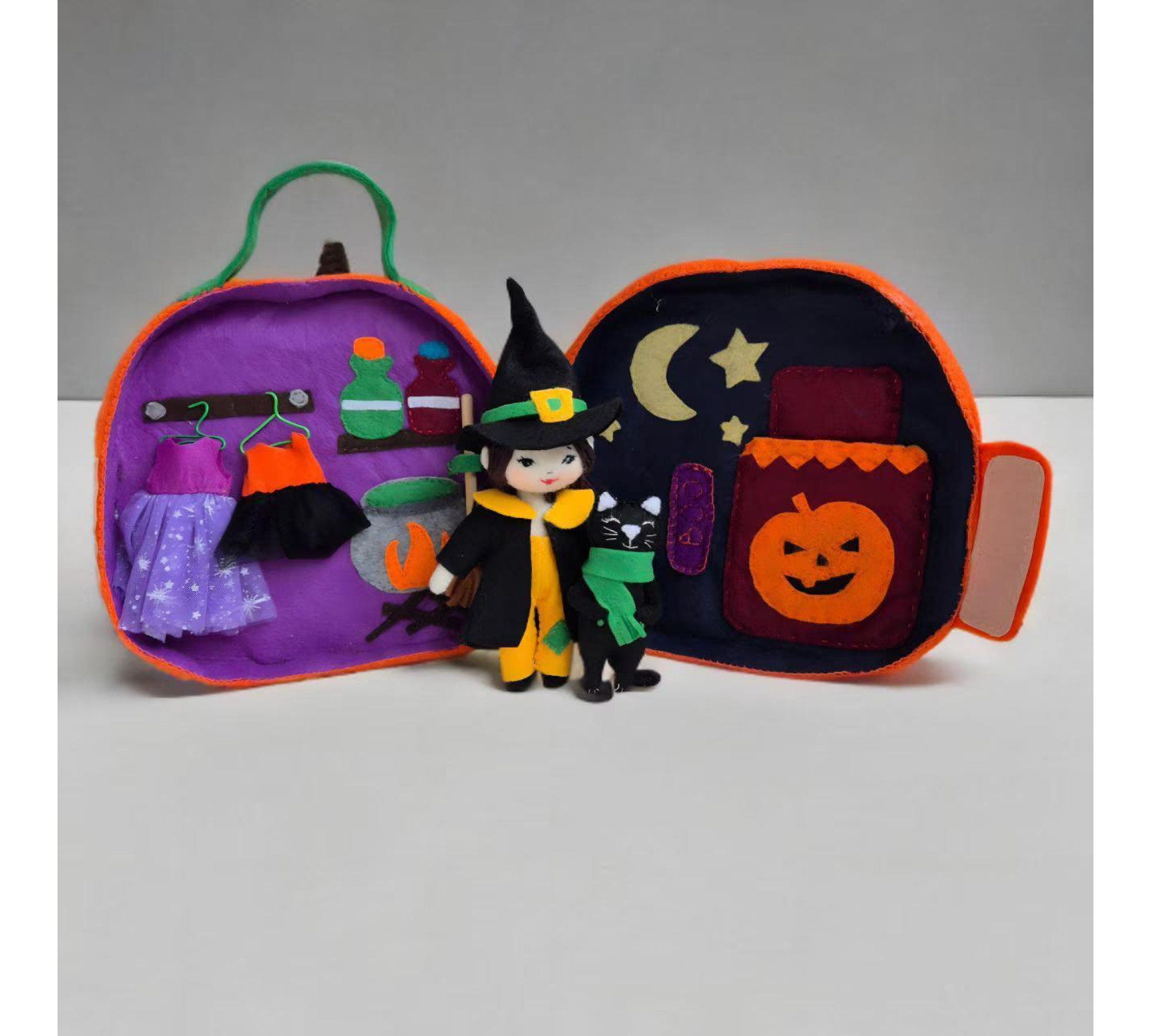 Witch Dollhouse Sewing Pattern PDF – Pumpkin House with Doll and Cat
