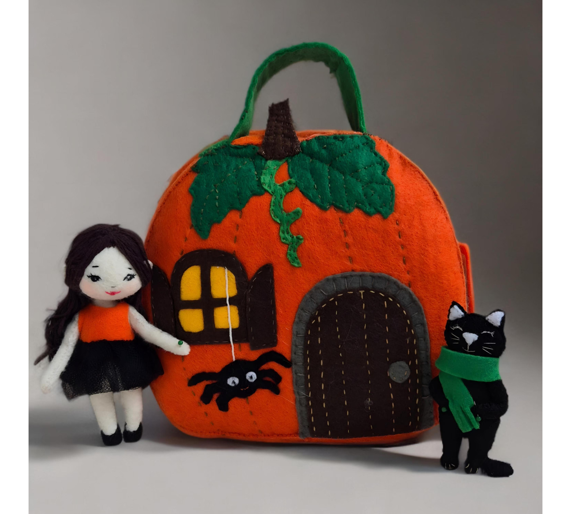 Witch Dollhouse Sewing Pattern PDF – Pumpkin House with Doll and Cat