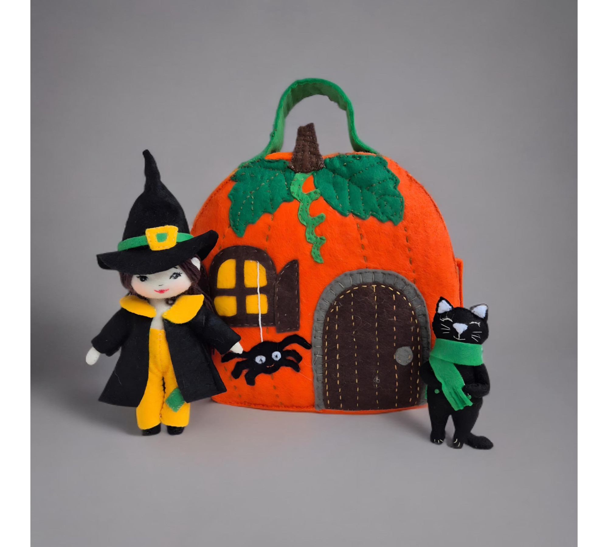 Witch Dollhouse Sewing Pattern PDF – Pumpkin House with Doll and Cat