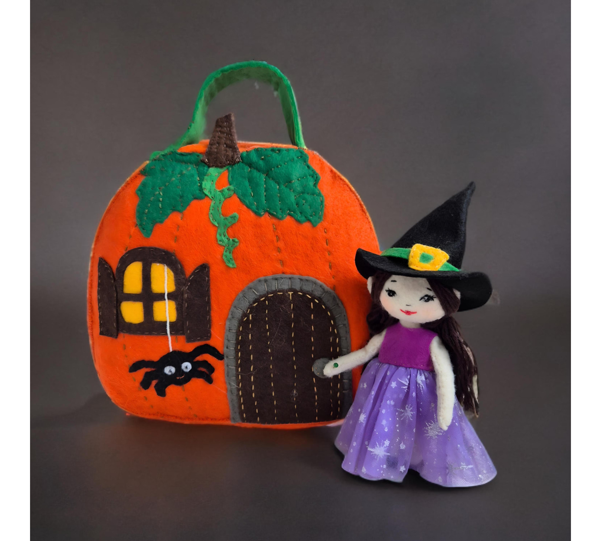 Witch Dollhouse Sewing Pattern PDF – Pumpkin House with Doll and Cat
