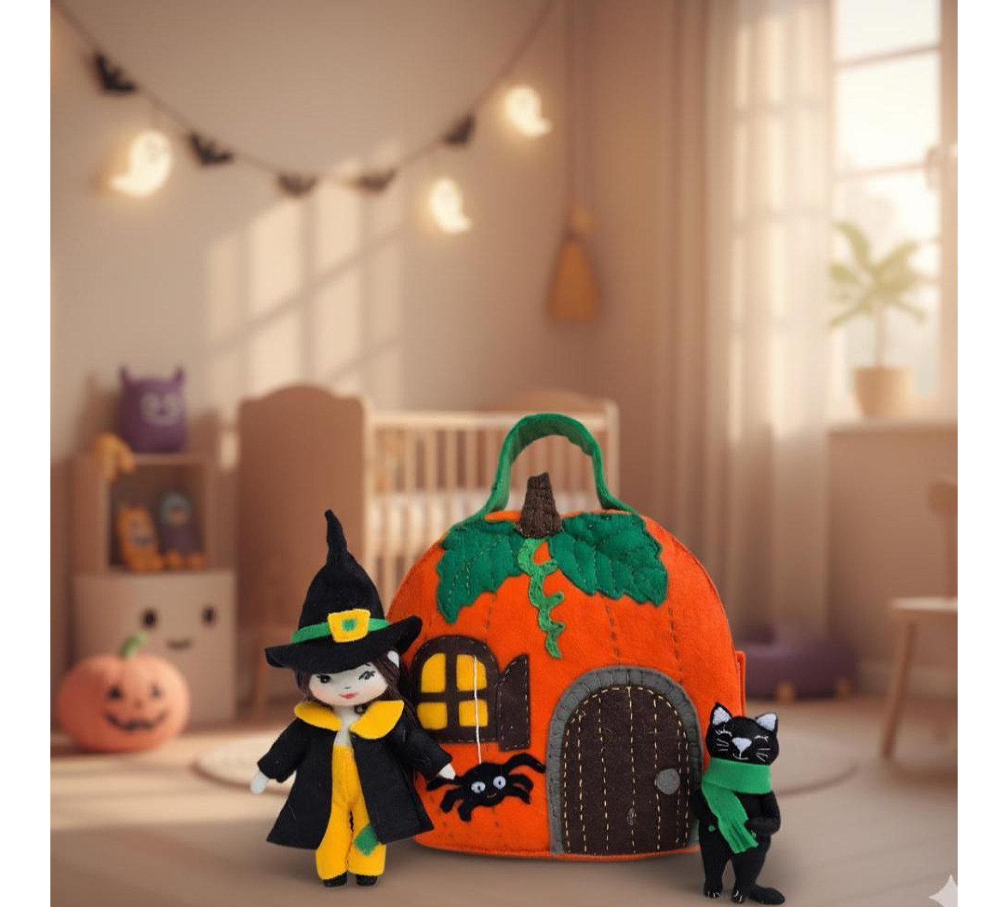 Witch Dollhouse Sewing Pattern PDF – Pumpkin House with Doll and Cat