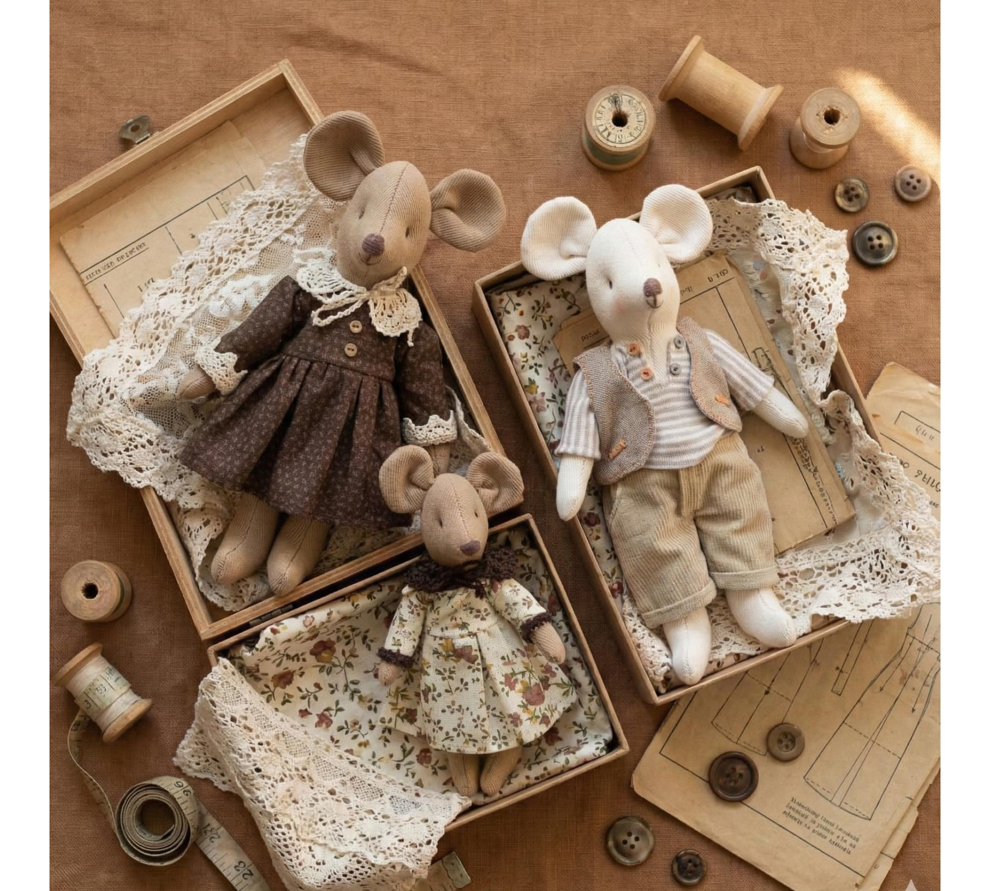 Mouse Family Sewing Pattern PDF – Cute Stuffed Mice with Clothes (Soft Doll Tutorial)