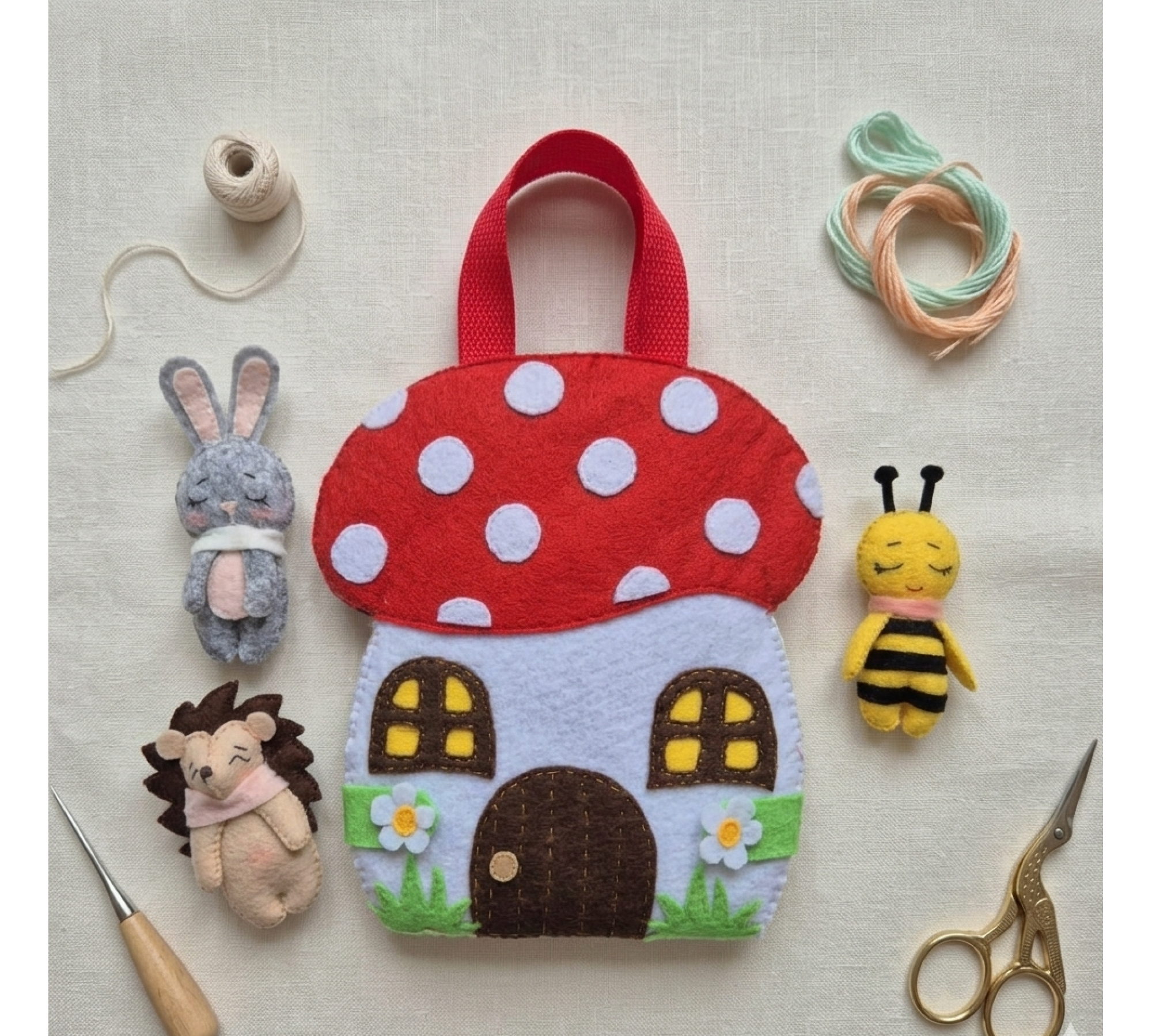 Pocket Felt Animal Sewing Pattern PDF – Mini Toys and Mushroom Bag Set