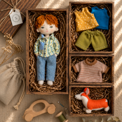 Rag Boy Doll Sewing Pattern PDF – Doll with Clothes and Corgi (7.5 inches)