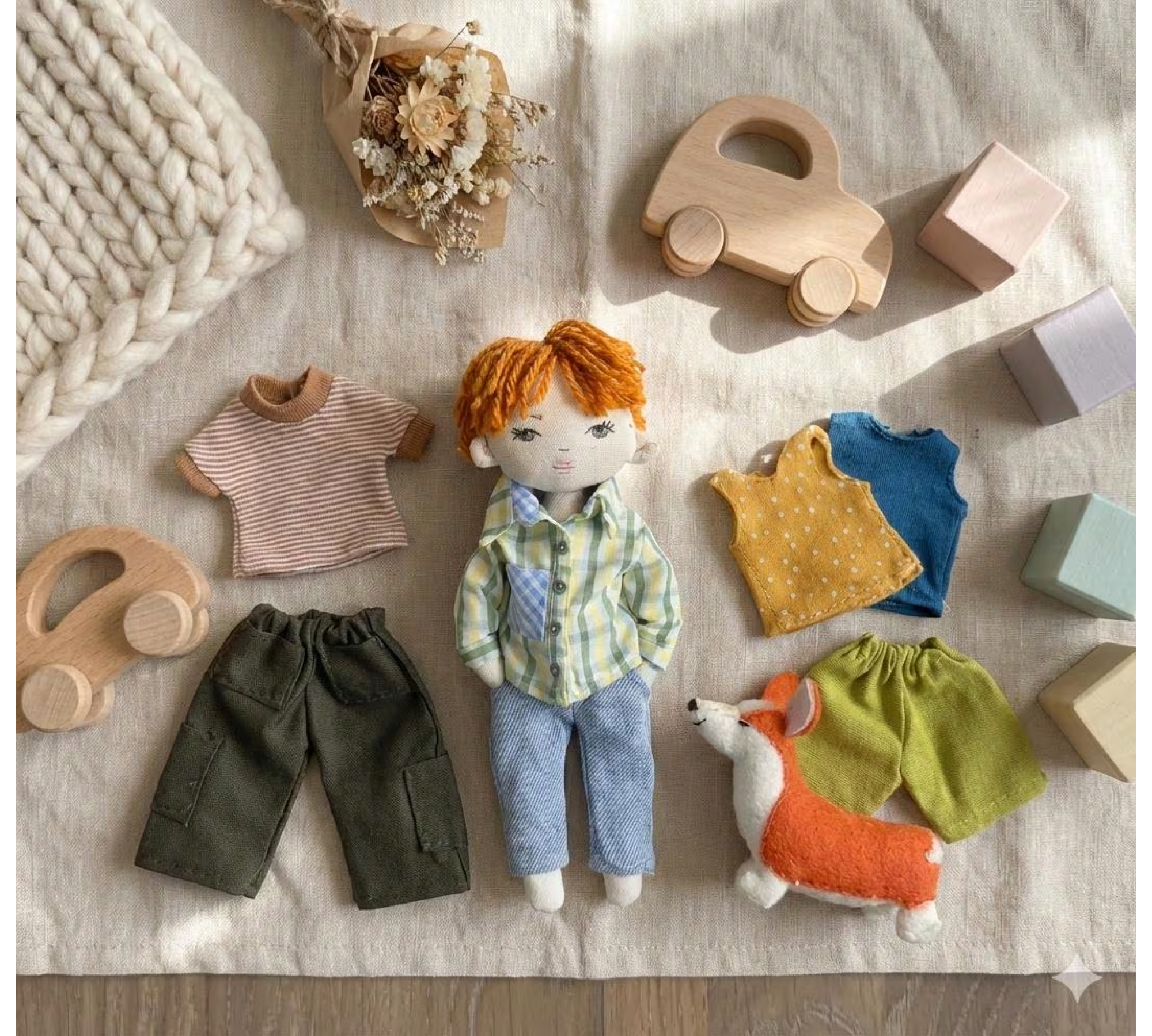 Rag Boy Doll Sewing Pattern PDF – Doll with Clothes and Corgi