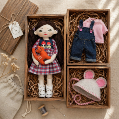 Mini Rag Doll Sewing Pattern PDF – Doll with Clothes and Cat (7.5 inches)