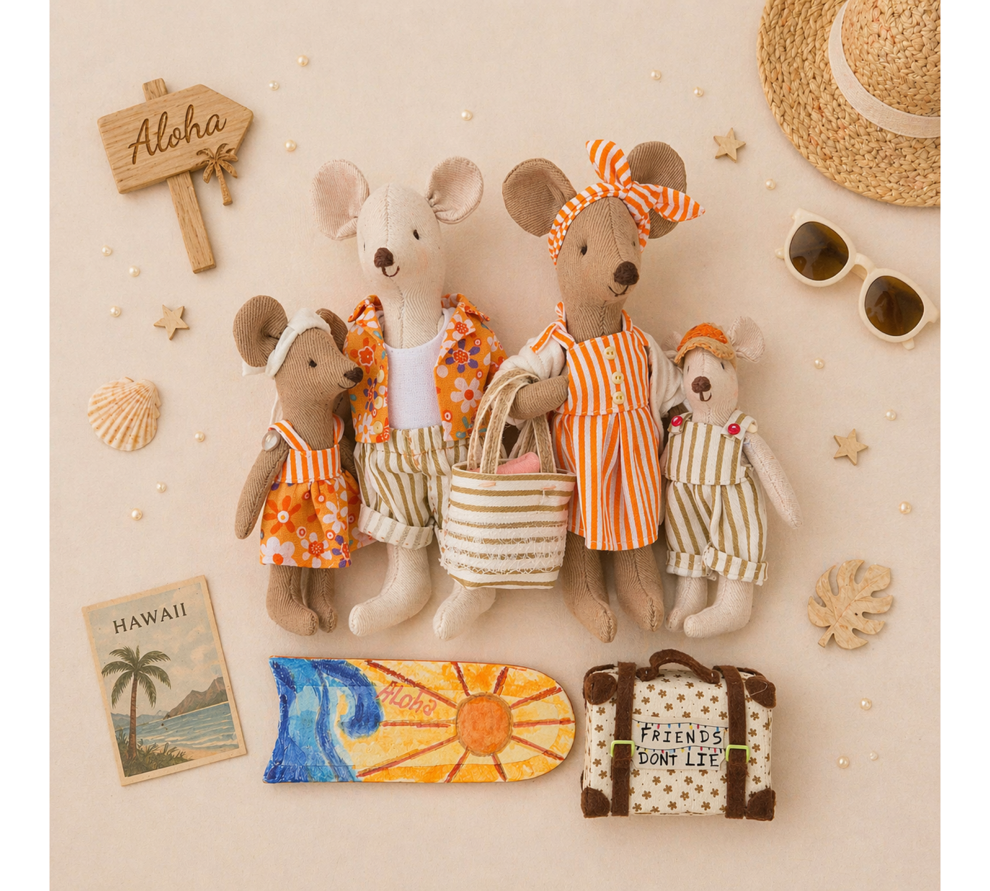 Hawaii Mouse Family Sewing Pattern PDF – Mice with Clothes and Accessories