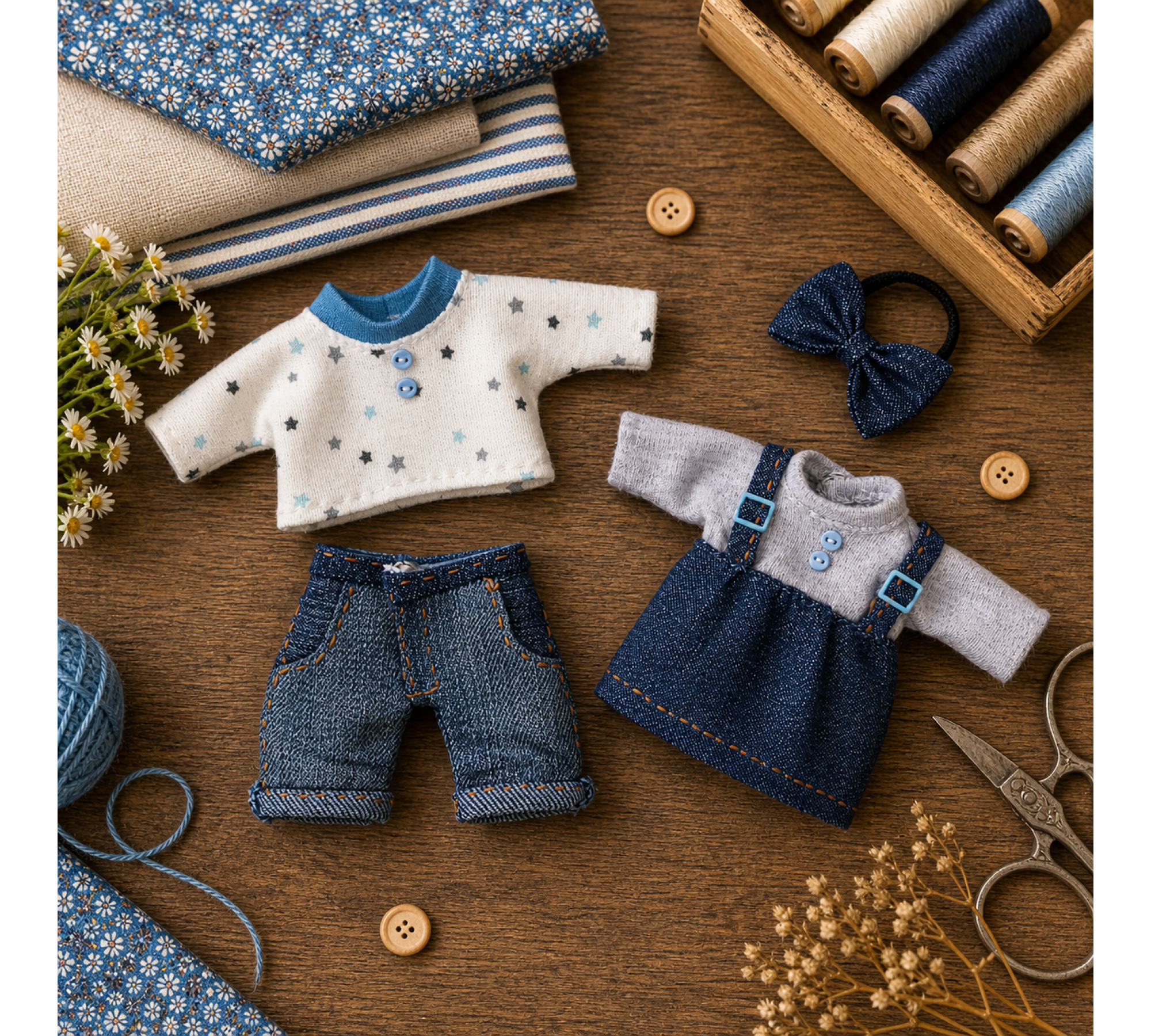 Mouse Doll Clothes Sewing Pattern PDF – Tiny Jeans, Long Sleeve Shirt and Sundress