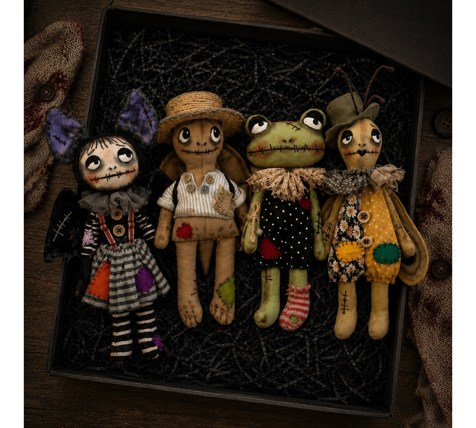 Halloween Attic Doll Pattern Set PDF – Frog, Bat, Cricket & Turtle Bundle