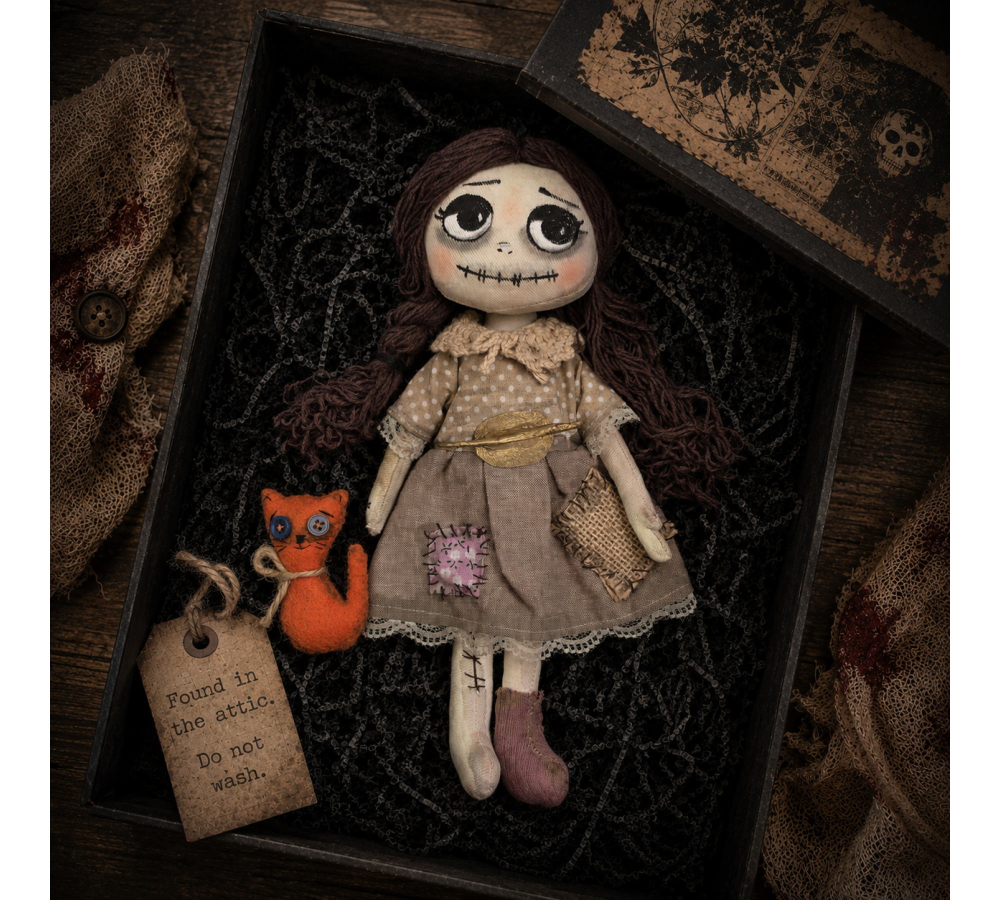 Halloween Attic Doll Sewing Pattern PDF – Cloth Doll with Felt Cat