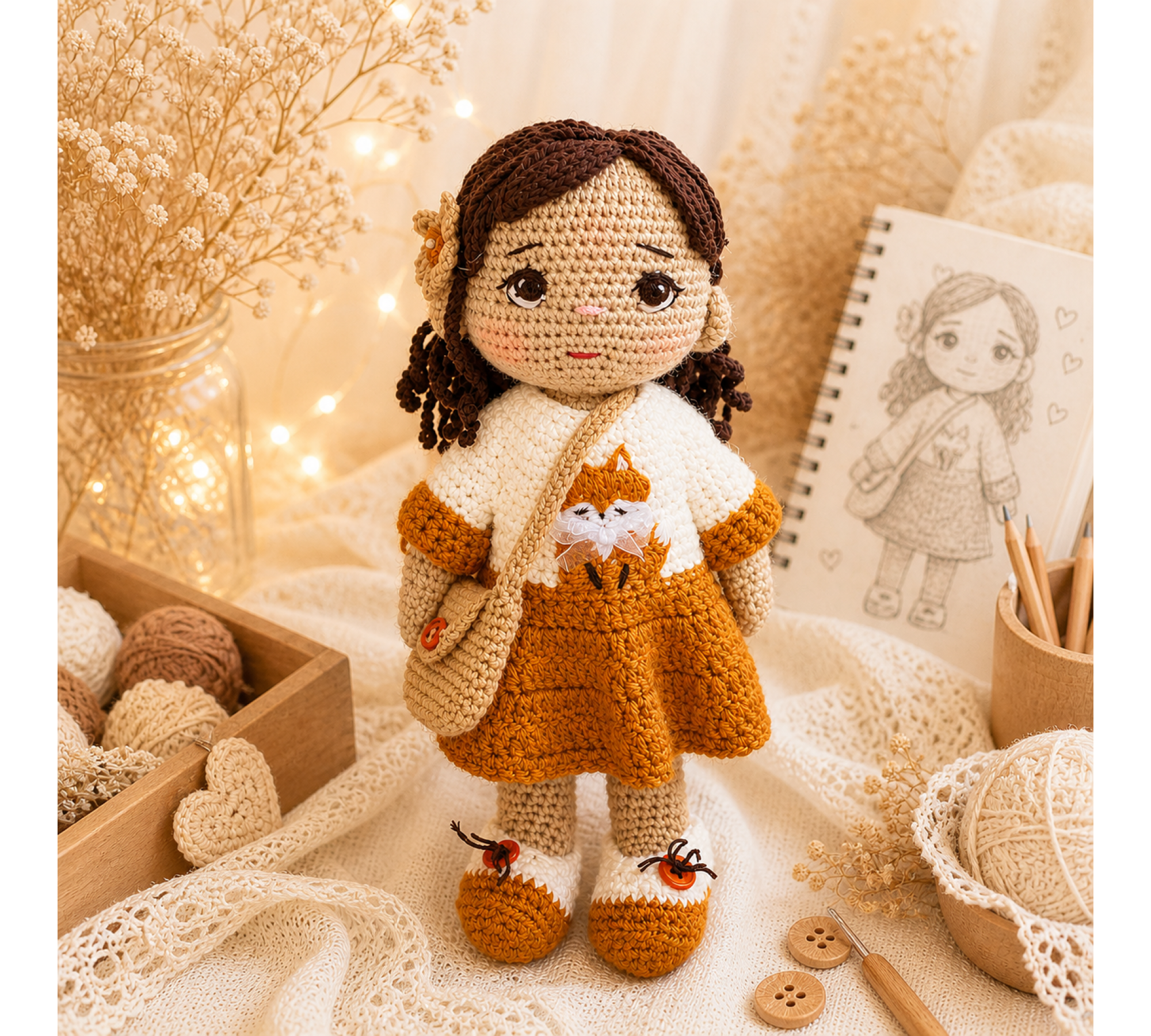 Auri Fox Crochet Pattern PDF – 9 Inch Amigurumi Doll with Fox Outfit