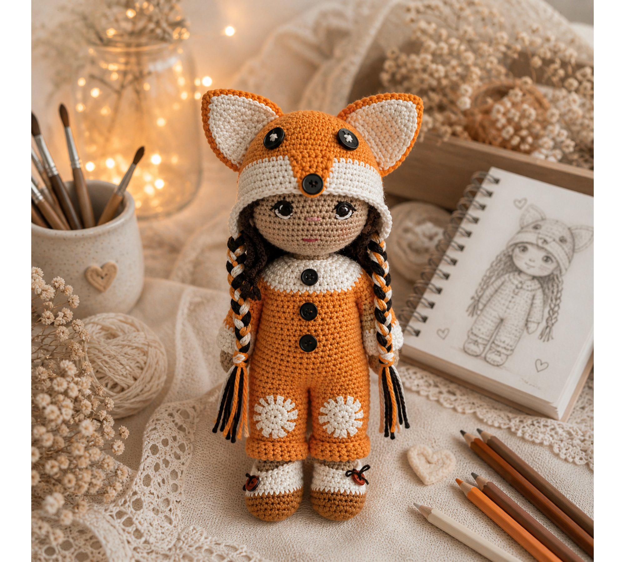 Auri Fox Crochet Pattern PDF – 9 Inch Amigurumi Doll with Fox Outfit
