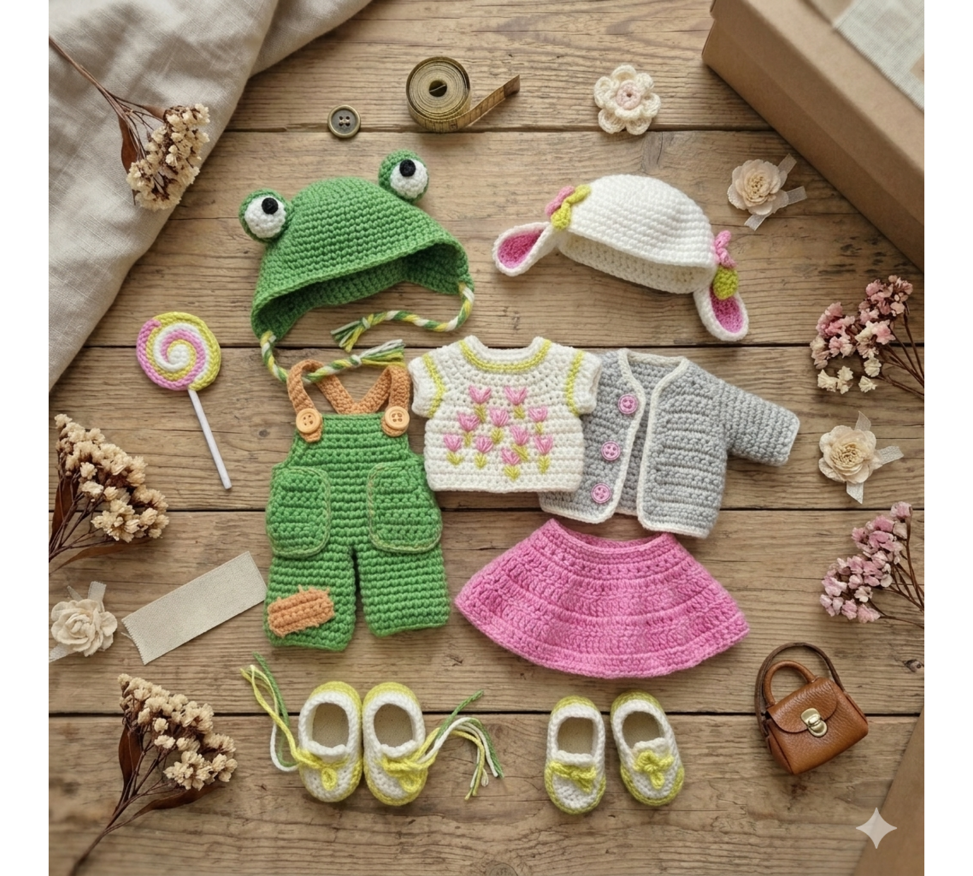 Crochet Doll Clothes Pattern PDF – Wardrobe for 8–9 Inch Auri Dolls