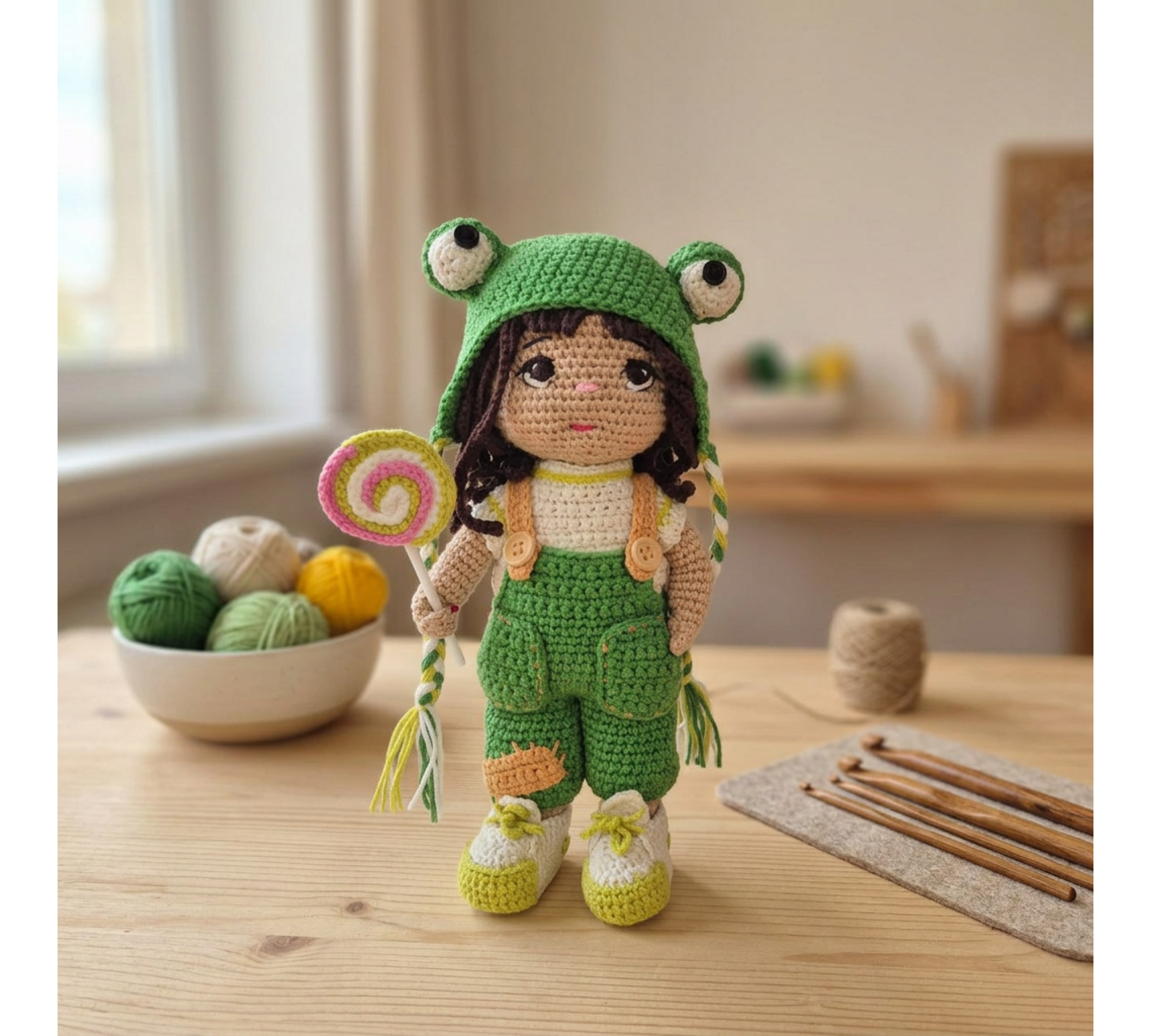 Auri Frog Hat Doll Crochet Pattern PDF – 9 Inch Amigurumi Doll
