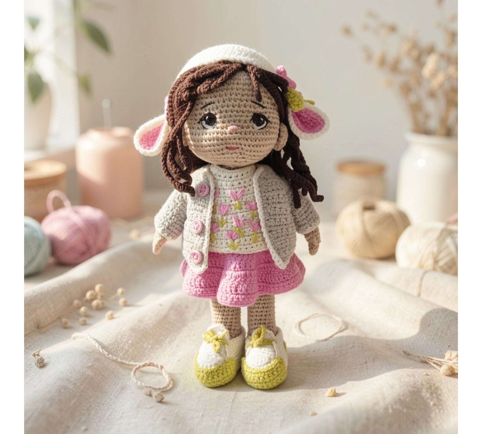 Auri Lamb Hat Doll Crochet Pattern PDF – 9 Inch Amigurumi Doll with Clothes