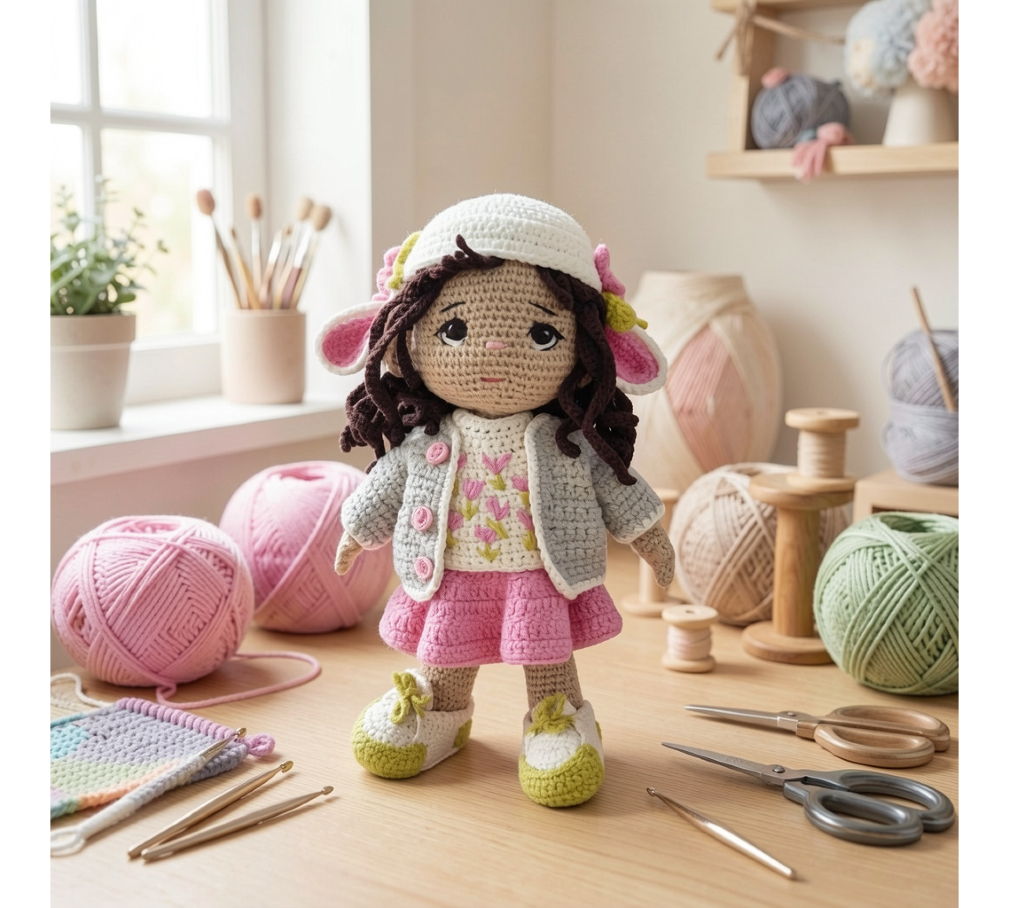Auri Lamb Hat Doll Crochet Pattern PDF – 9 Inch Amigurumi Doll with Clothes